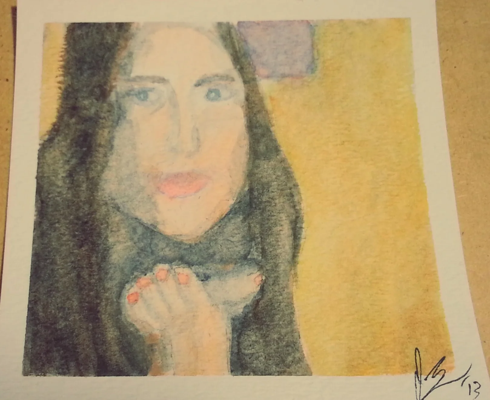 January, 2014 My first attempt at painting a person (my girlfriend). Don't worry, her hand doesn't look like that in real life.