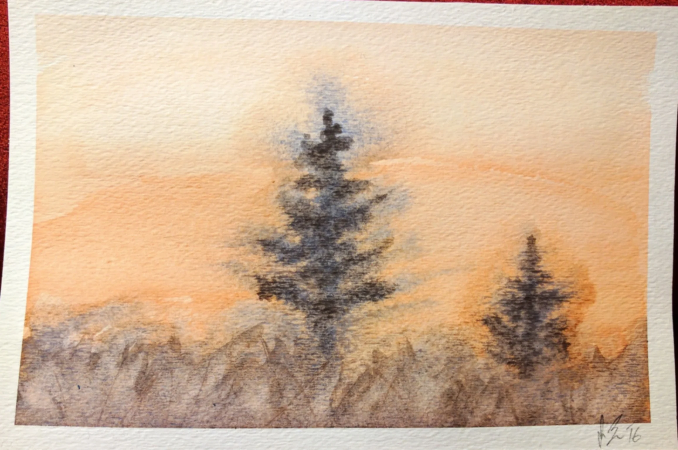 December, 2016 My attempt at replicating the watercolor "Two Pines" from a watercolor tutorial book I picked up. It needs work, especially in the trees. I'll probably try this one again.