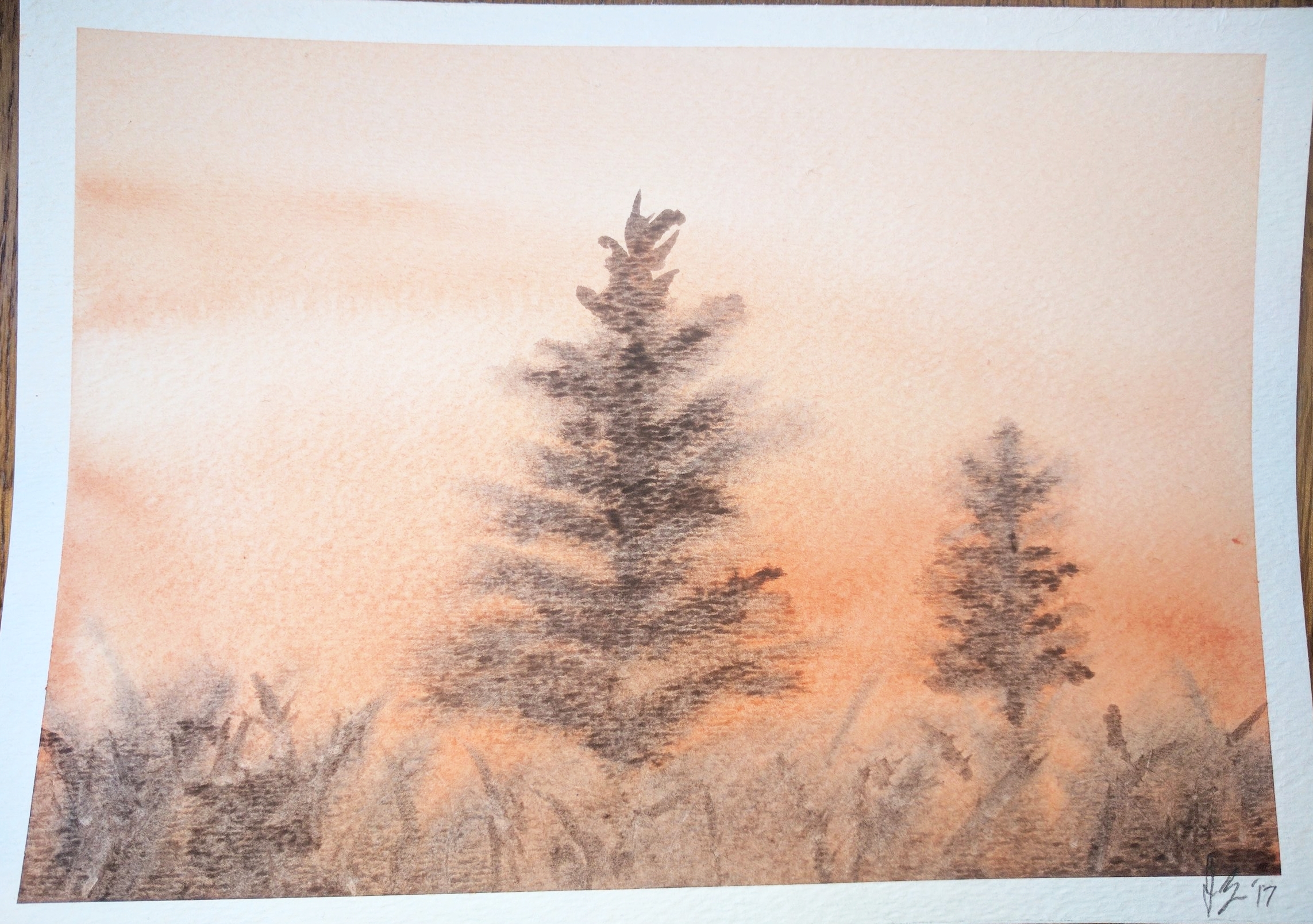  February, 2017  Second attempt at "Two Pines". &nbsp;Attempting this one again has helped me appreciate how finicky the 'wet on wet' technique in watercolor can be. 