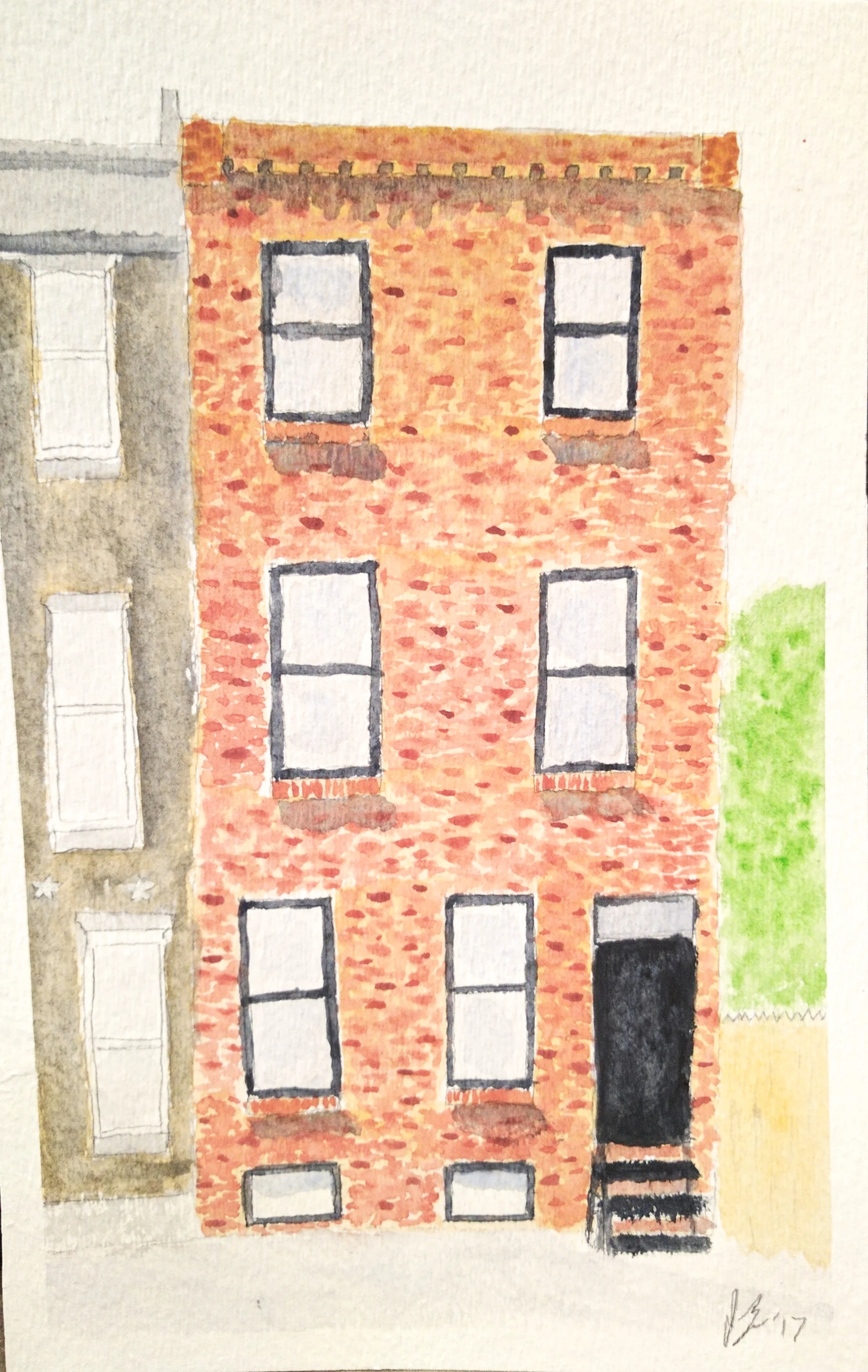 March, 2017 I went on vacation in Philadelphia in March (during a blizzard -- perfect timing), and stayed at a really charming AirBnB. I liked the look of the house, and felt that the architecture was simple enough that I could take a stab at painting it. I'd never painted brick before, and that was a bit of a challenge, but if you don't stare at it too closely, I think it looks pretty good!