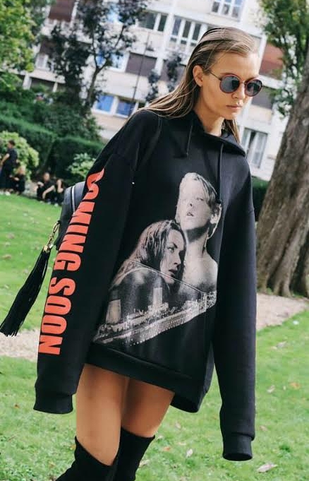 Josephine Skriver in a Vetements sweatshirt