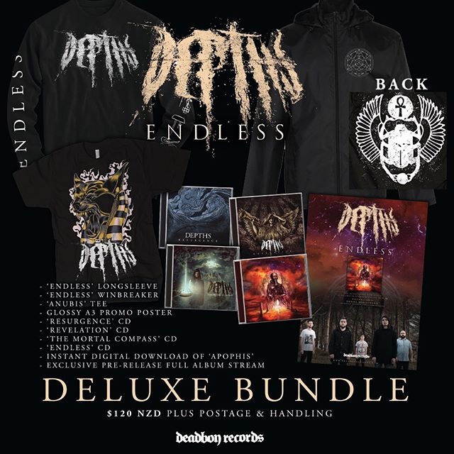 Get your exclusive @depthsnz &lsquo;Endless&rsquo; Pre order bundles NOW while stocks last. CDs fresh from the pressing plant and merch fresh off the press begins shipping out this Friday. All orders receive FREE entry to the &lsquo;Endless&rsquo; al