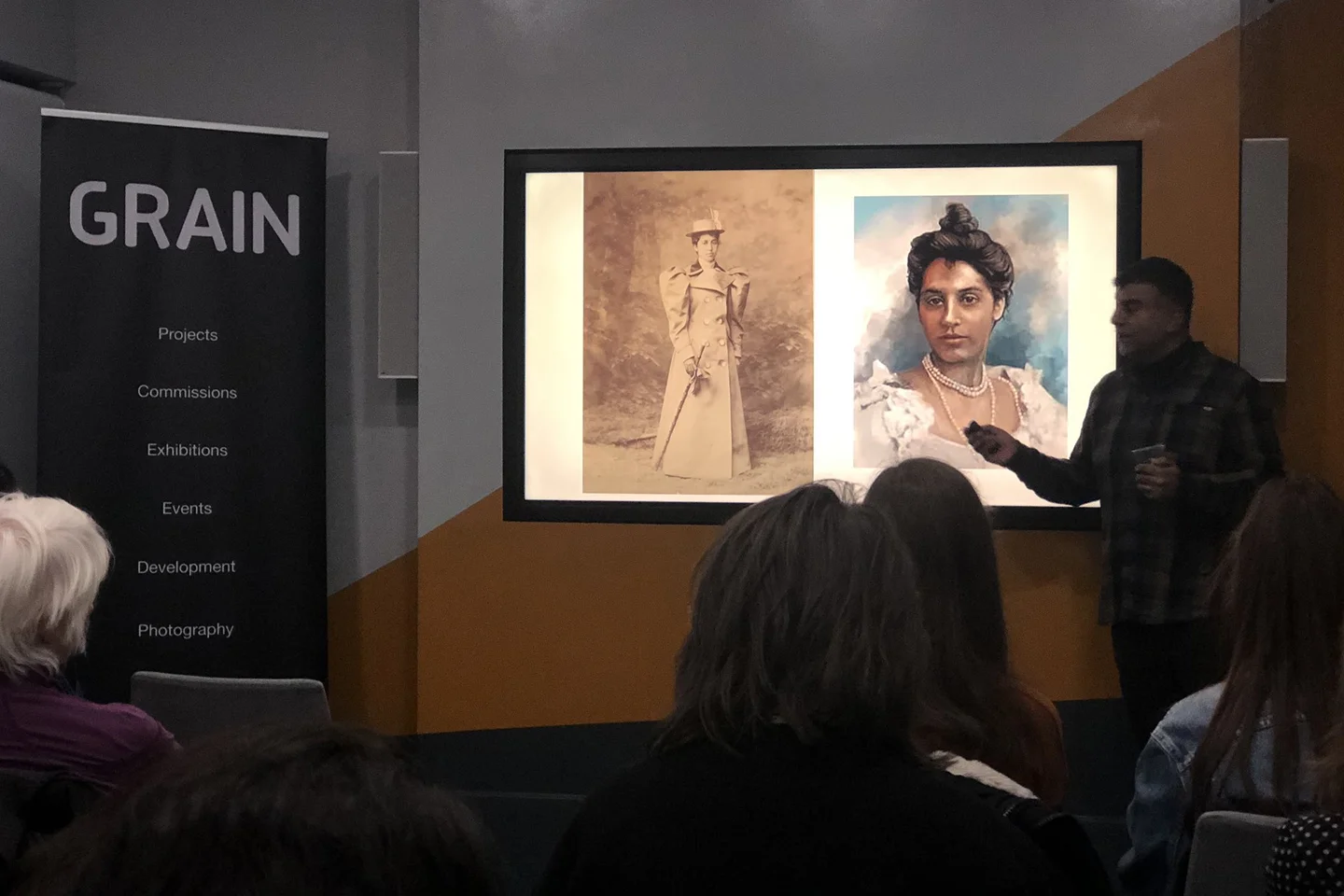Anand Chhabra presents on suffragette Princess Sophia Duleep Singh at the Birmingham Hippodrome as part of GRAIN photo hub talks Jan 2019 regarding the artwork ‘The Face of Suffrage’ by Helen Marshall photo inset by © Maryam Wahid.