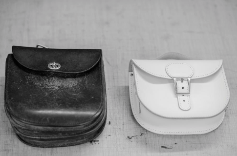 Toby's original milkman bag with todays version.