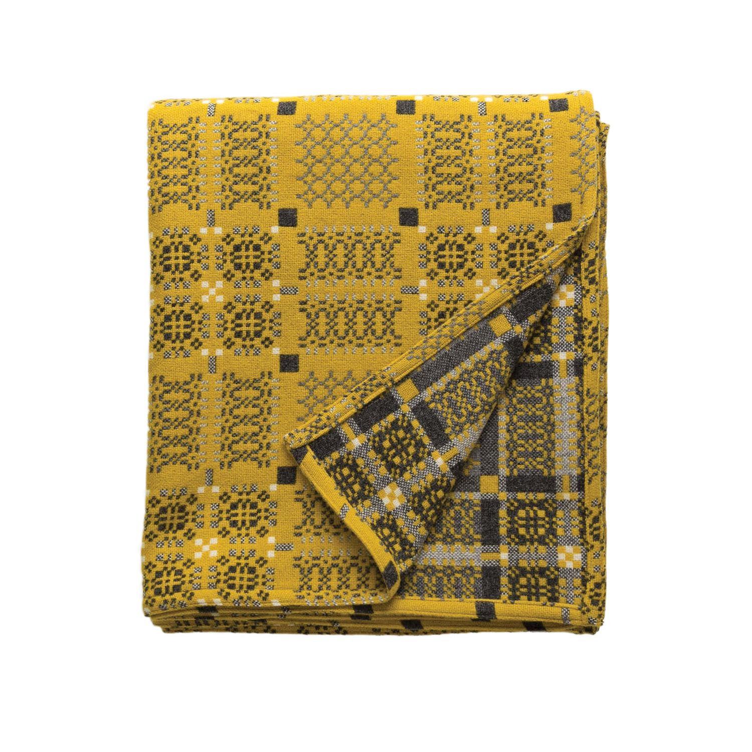 Melin Tregwynt Blanket Welsh Wool Throw- Knot Garden Gorse Mustard