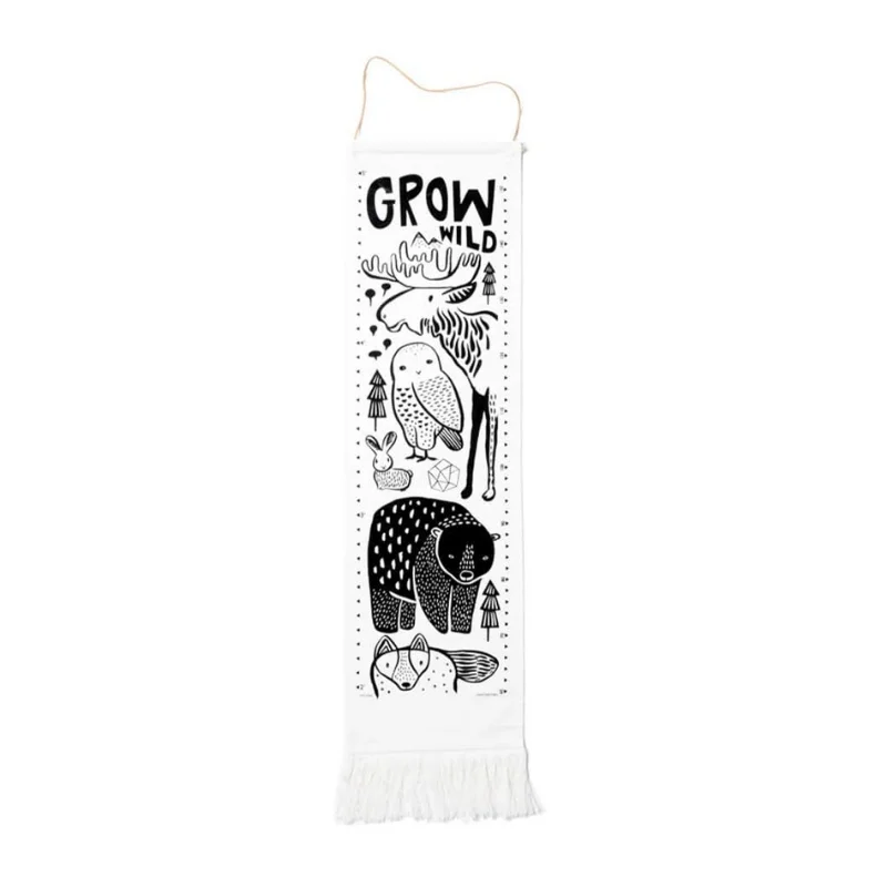 Woodland animals canvas growth chart black and white