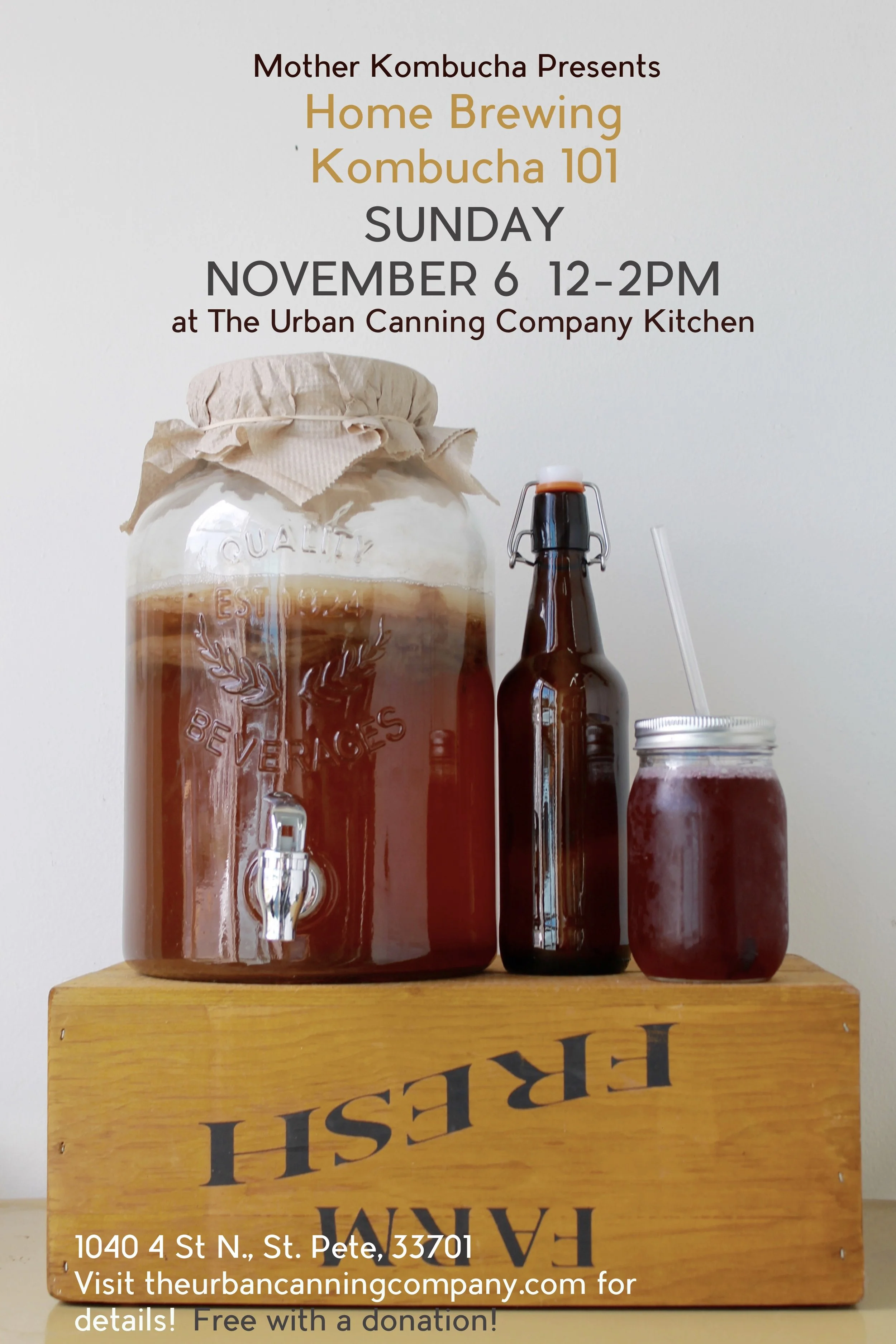 Come join us for this lecture taught by Josh Rumschlag, co -founder of Mother Kombucha ! He will be speaking about safe practices for at home brewing, the history of kombucha, how tos, and tips for creating delicious flavor profiles! This class is free with a donation don't so forget to bring cash! You'll also have to chance to purchase kombucha starter kits from Mother Kombucha !
