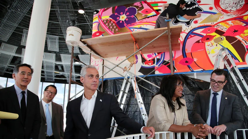 Anthony Souffle / Chicago Tribune Mayor Rahm Emanuel tours the newly constructed Chinatown branch of the Chicago Public Library Aug. 20, 2015. 