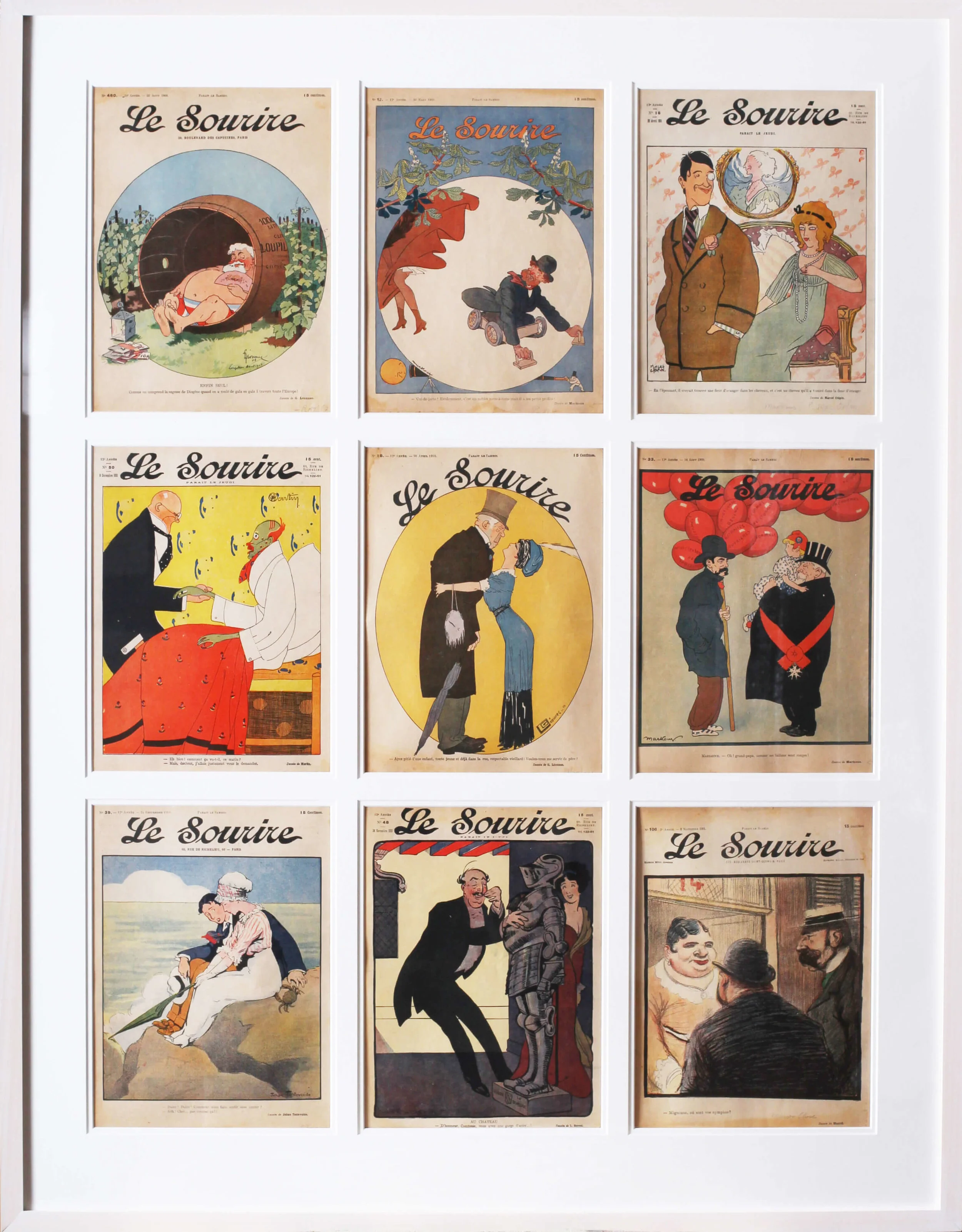 SET OF 9 ORIGINAL MAGAZINE COVERS FOR THE FRENCH BELLE EPOQUE PUBLICATION ‘LE SOURIRE’ THESE ARE FROM 1901 – 1911 EDITION 114.3 X 89.2CM. (INCLUDING FRAME) THERE IS A LITTLE BIT OF WATER STAINING TO THE UPPER LEFT AND THERE IS SLIGHT DIRT, OVERALL THE COLOURS ARE EXTREMELY STRONG. THE PAPER REMAINS IN A SLIGHTLY FADED BUT AUTHENTIC STATE. PRICE: £2000