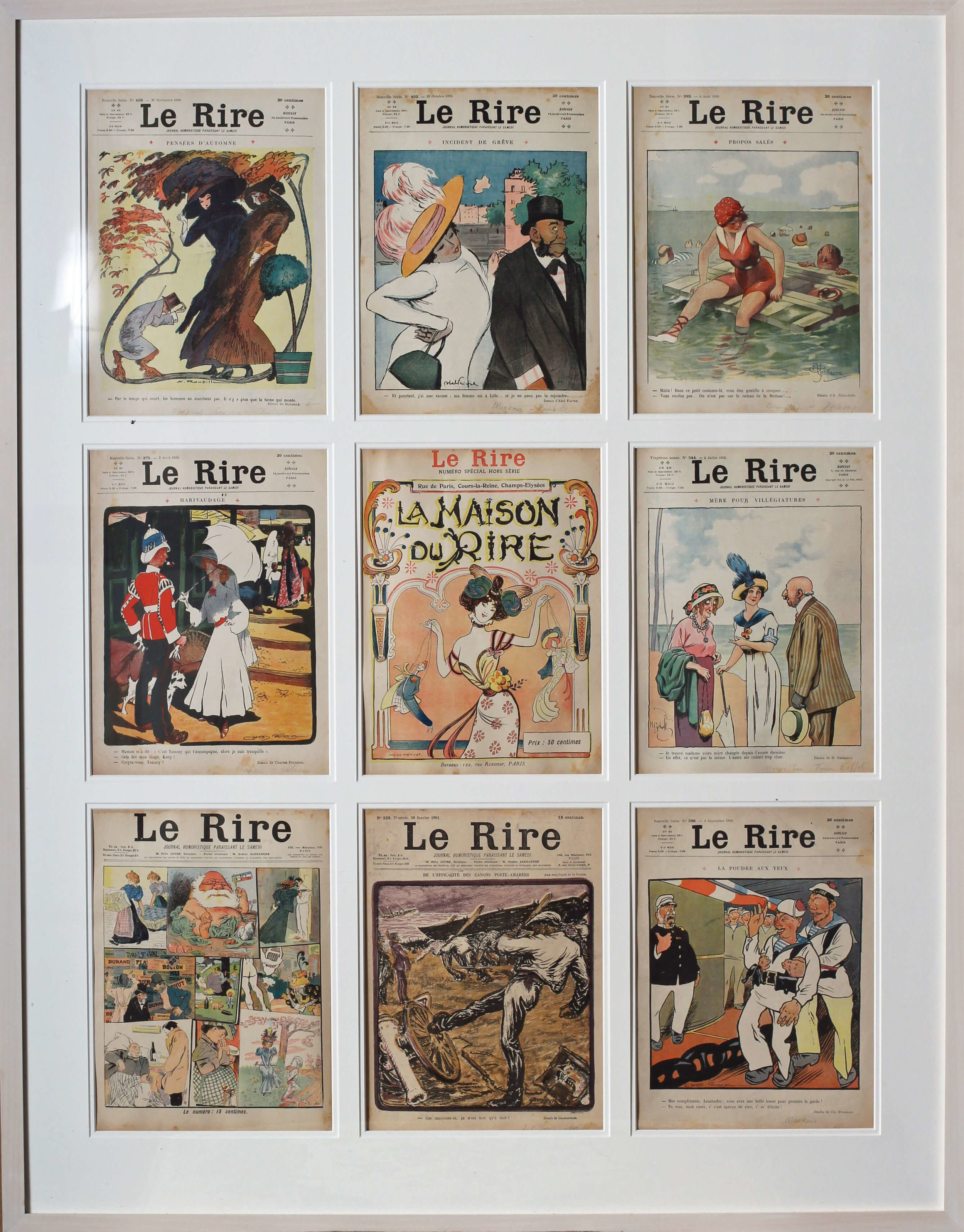 Set Of 9 Original Magazine Covers For The French Belle Epoque Publication ‘Le Rire’, Editions From Mainly 1910 Including an edition from 1901. 114.3 X 89.2cm. (including frame) It would be extremely difficult to find another set like this with so many examples in such good condition. There is a little bit of water staining, slight dirt, overall the colours are extremely strong. The paper remains in a slightly faded but authentic state. Price: £2000