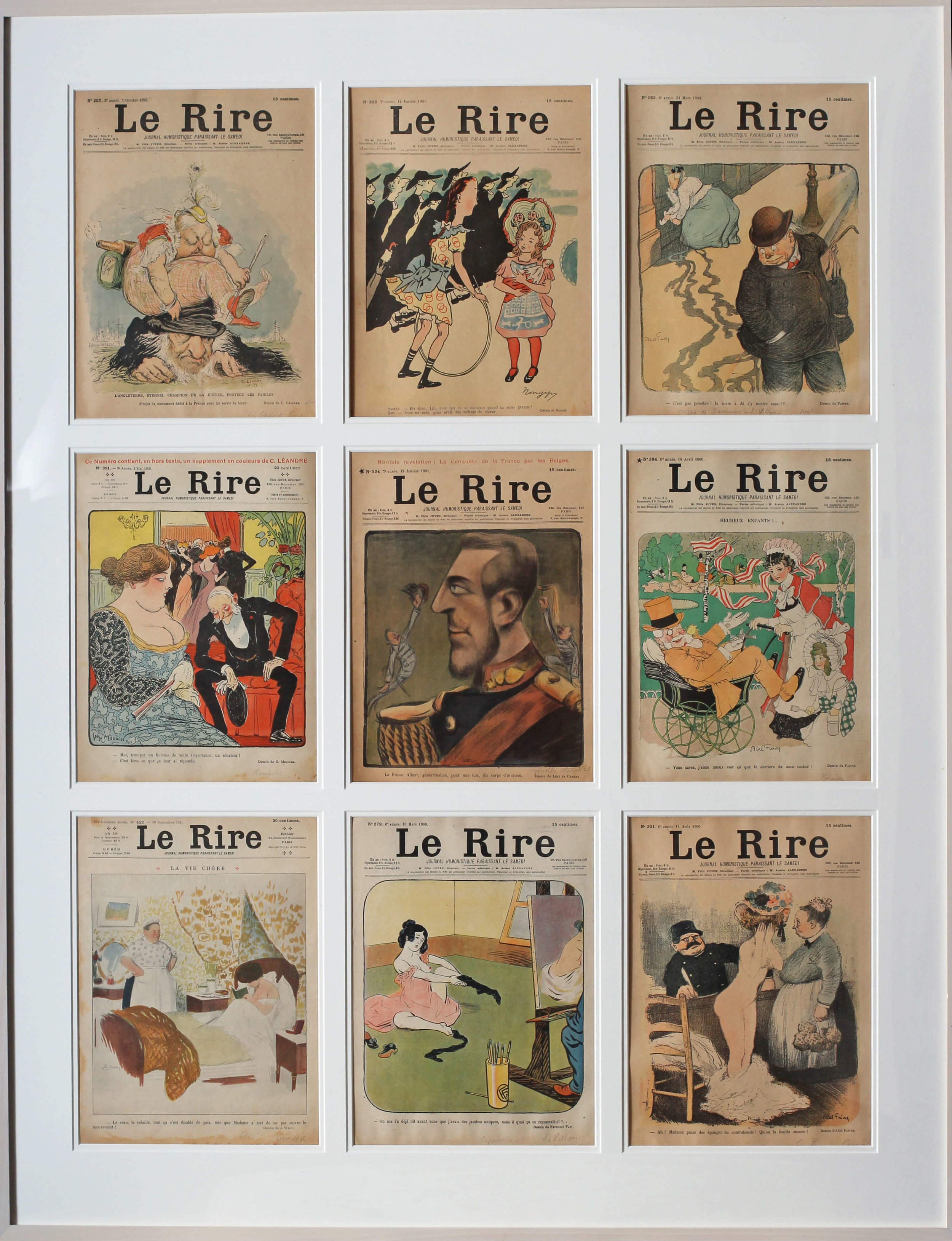 Set Of 9 Original Magazine Covers For the French Belle Epoque Publication ‘Le Rire’, Editions From 1899 – 1911. They are mainly towards the former date. 114.3 X 89.2cm. (including frame) It would be extremely difficult to find another set like this with so many examples in such good condition. There is a little bit of water staining, slight dirt, overall the colours are extremely strong. The paper remains in a slightly faded but authentic state. Price: £2000