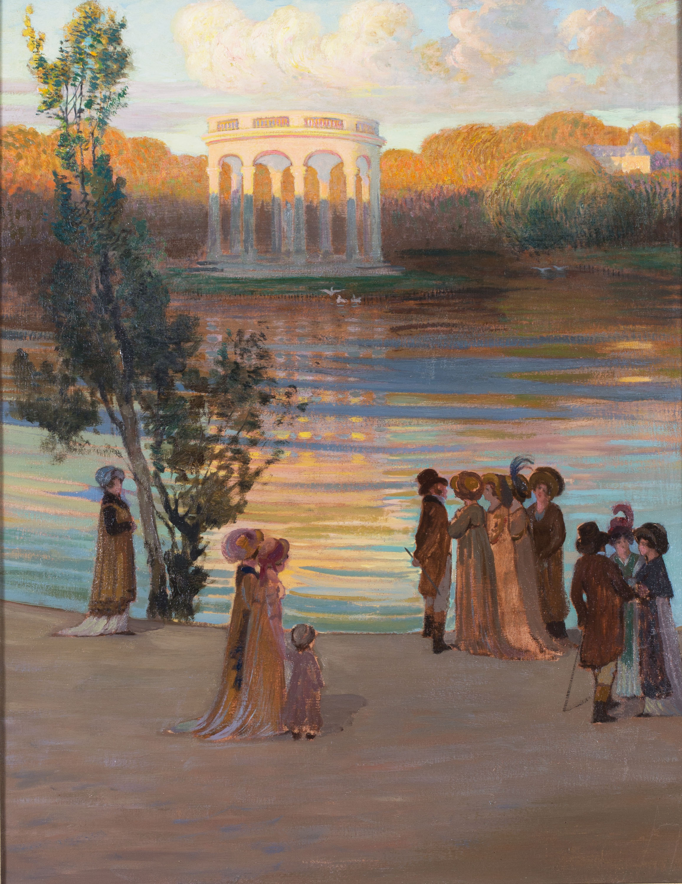 Gustave Poetzsch (Swiss, 1870 - 1950) Scene du Directoire devant le Temple de l'amour, Versailles Oil on canvas Unsigned 31 x 25in. (78.8 x 63.5 cm.) dimensions including frame Condition: Oil on canvas not relined, paint surface in good order. Some good impasto. Surface scratches to tree. Otherwise in very good condition. In a silver gilt frame with a few minor abrasions. SOLD