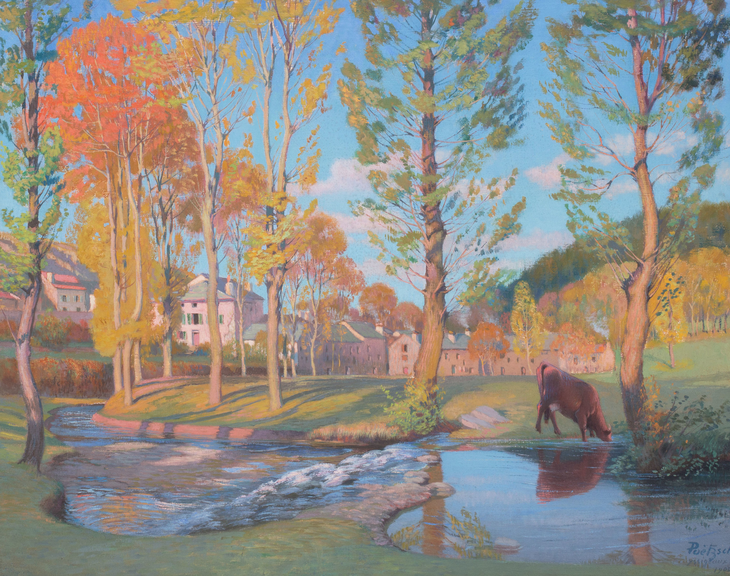 gustave Poetzsch (Swiss, 1870 - 1950) La ruisseau a Yssingeaux, coucher de soleil Oil on canvas Signed, inscribed and dated 'Poetzch / Yssigeaux / 1905' (lower right) 30.3/4 x 37in. (78 x 94cm.) dimensions including frame) Condition:: Oil on canvas not relined, paint surface in very good condition. With some good impasto. In a silver gilt frame. SOLD
