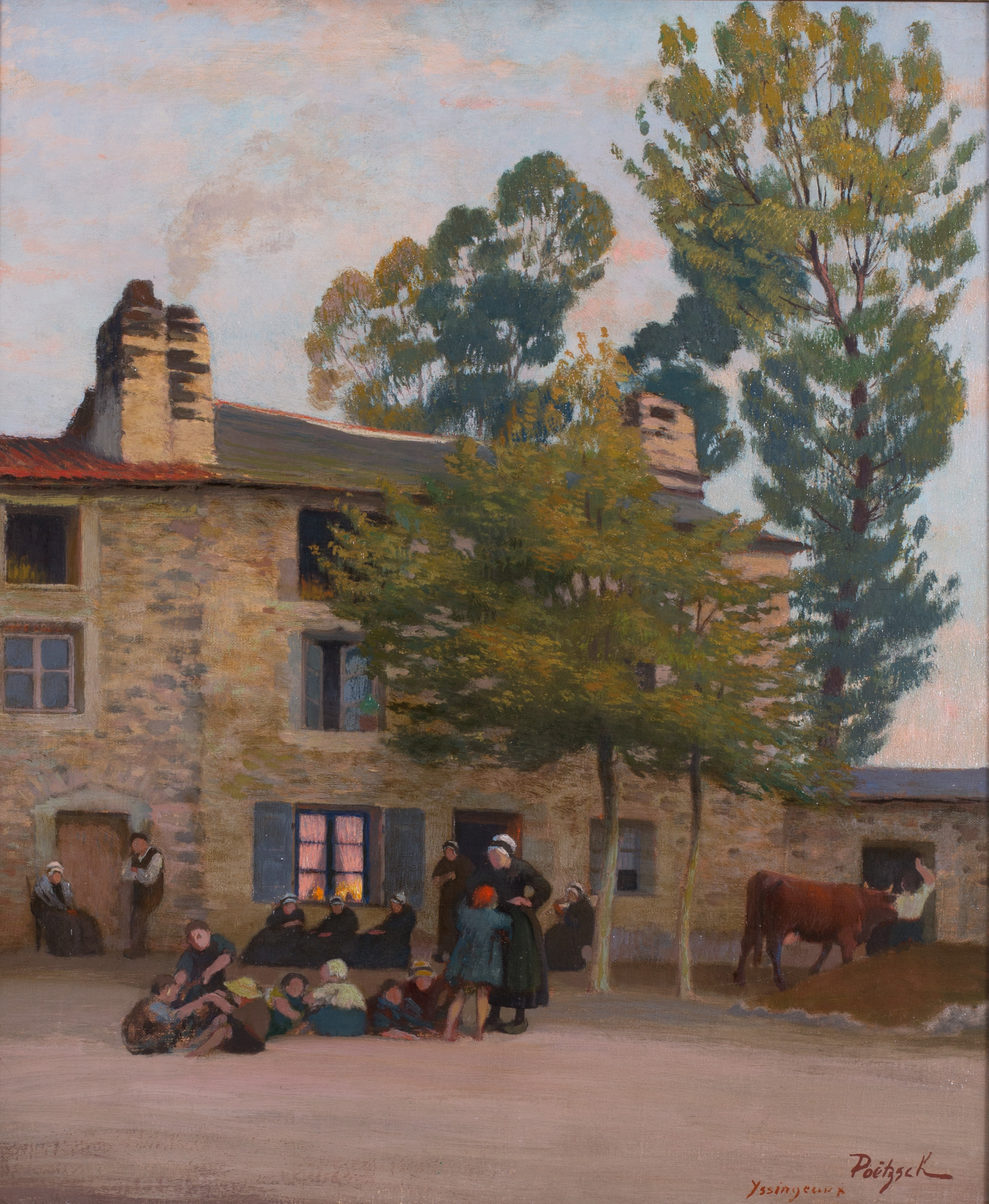 Gustave Poetzsch (Swiss, 1870 ) ‘Early evening, Yssingeaux’ Oil on canvas Signed and inscribed ‘Poetszch / Yssingeaux’ (lower right) 21.5 x 18in. (54.5 x 46cm.) (excluding frame) 27 x 23.3/8in. (68.5 x 59.5cm.) (including frame) Condition: Not relined. Overall in very good condition. Good impasto. Canvas would benefit from slight stretching (this is possible on the current stretcher). In a silver gilt frame in good condition. £1,800
