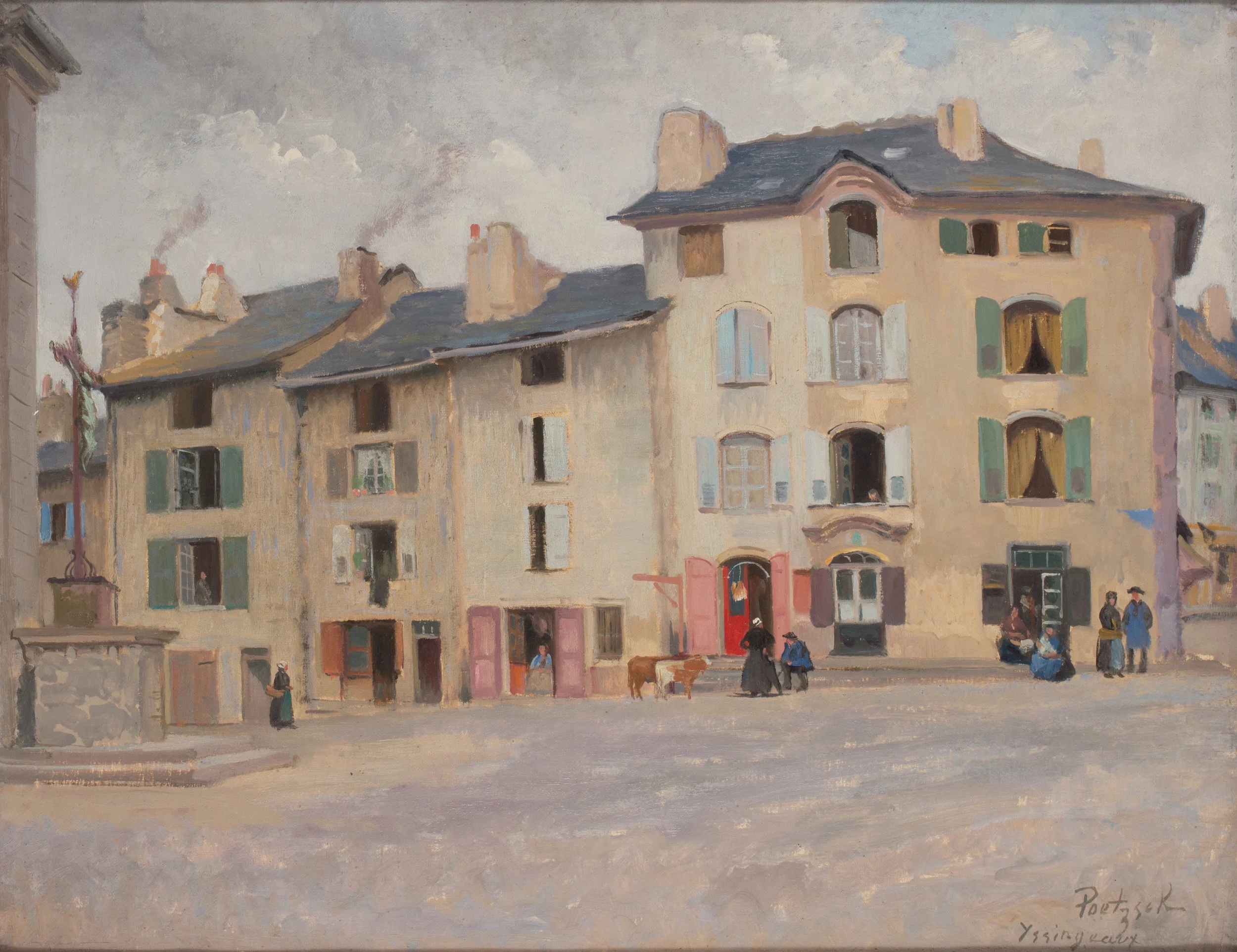 Gustave Poetzsch (Swiss, 1870) ‘Figures in the market square, Yssingeaux’, France Oil on canvas Signed and inscribed ‘ Poetszch / Yssingeaux’ (lower right) 19.5 x 25.5in. (49.5 x 64.8cm.) (exluding frame) 25 x 30.3/4in. (63.5 x 78cm.) (including frame) Condition: Not relined. Overall very good condition. Canvas would benefit restretching. Good impasto. Possible slight surface dirt. In a silver gilt frame in good condition. Price: £2,500