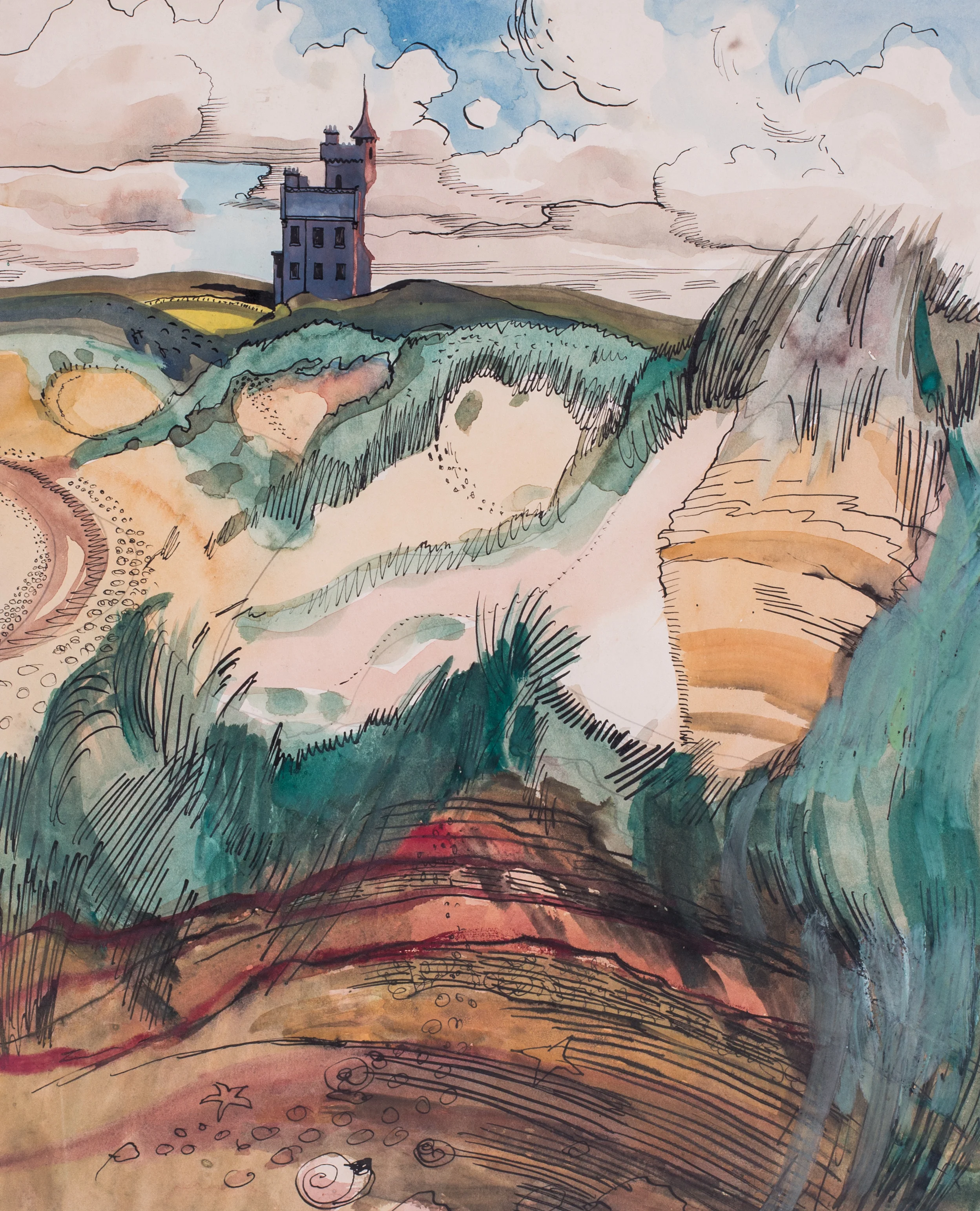 Robert Trenaman Back (British, 1922 - 2004) A folly by the shore Pen and ink and watercolour on paper 13 x 10.1/2in. (33 x 27cm.) Price: £850