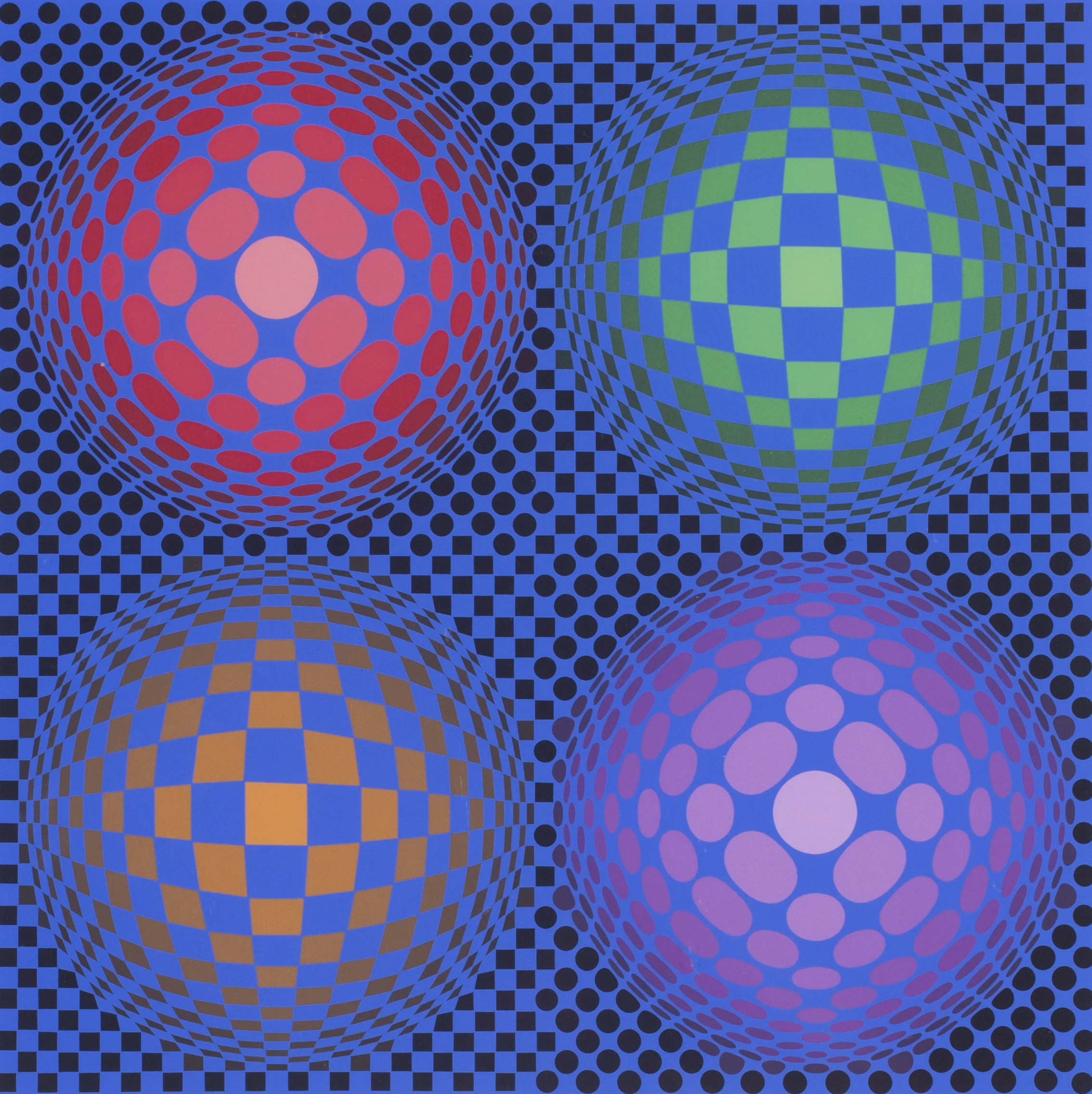 Victor Vasarely 4 spheres Numbered ‘F.V. 22/50’ and signed ‘Vasarely’ (lower right) Screen print 29.1/2 x 21.1/2 in (75 x 54.7 cm.) SOLD