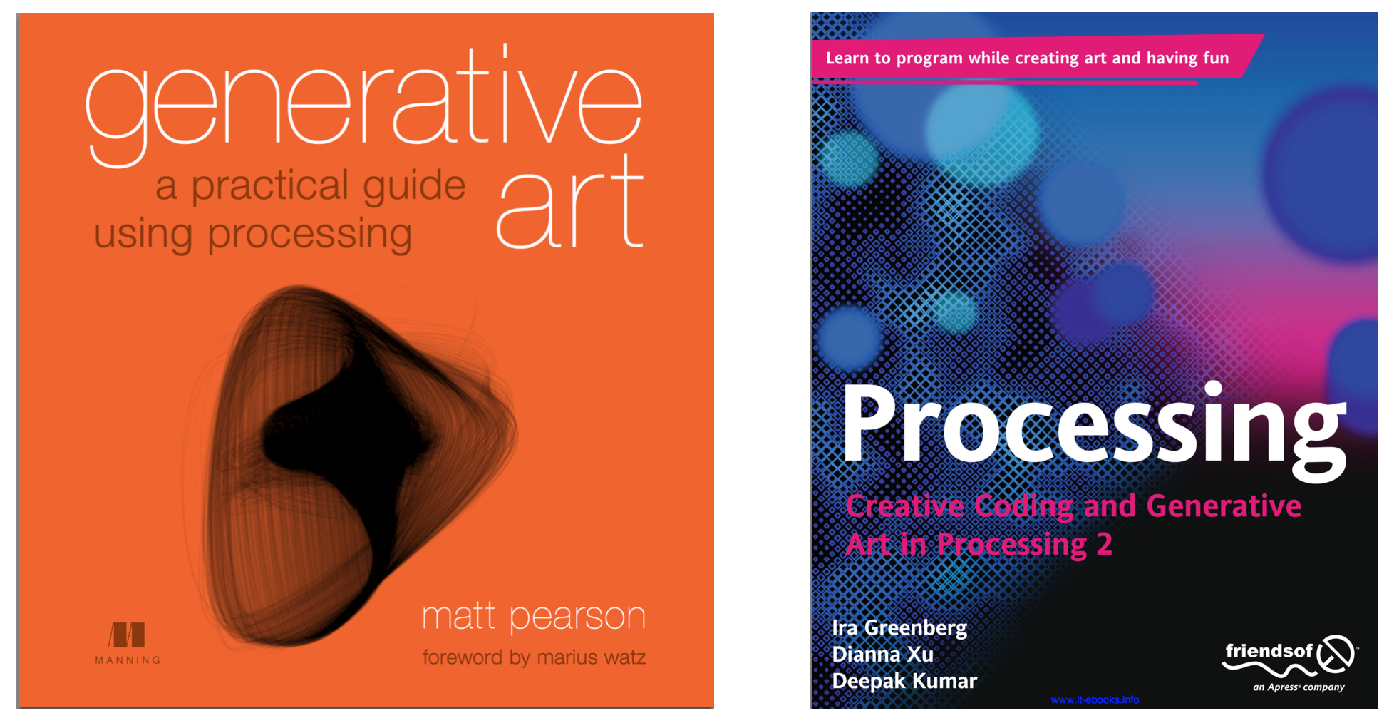 Book covers of 'Generative Art: a practical guide using processing' and 'Processing: Creative Coding and Generative Art in Processing 2' 