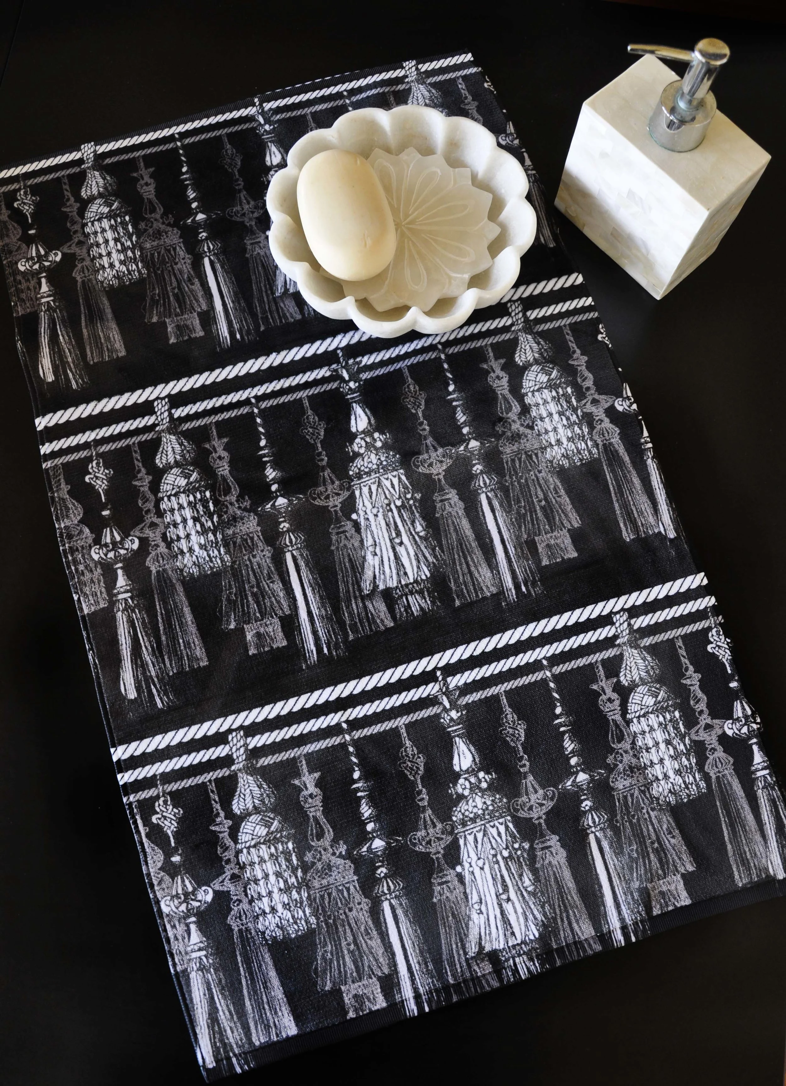 TOWEL WITH BLACK TASSELS