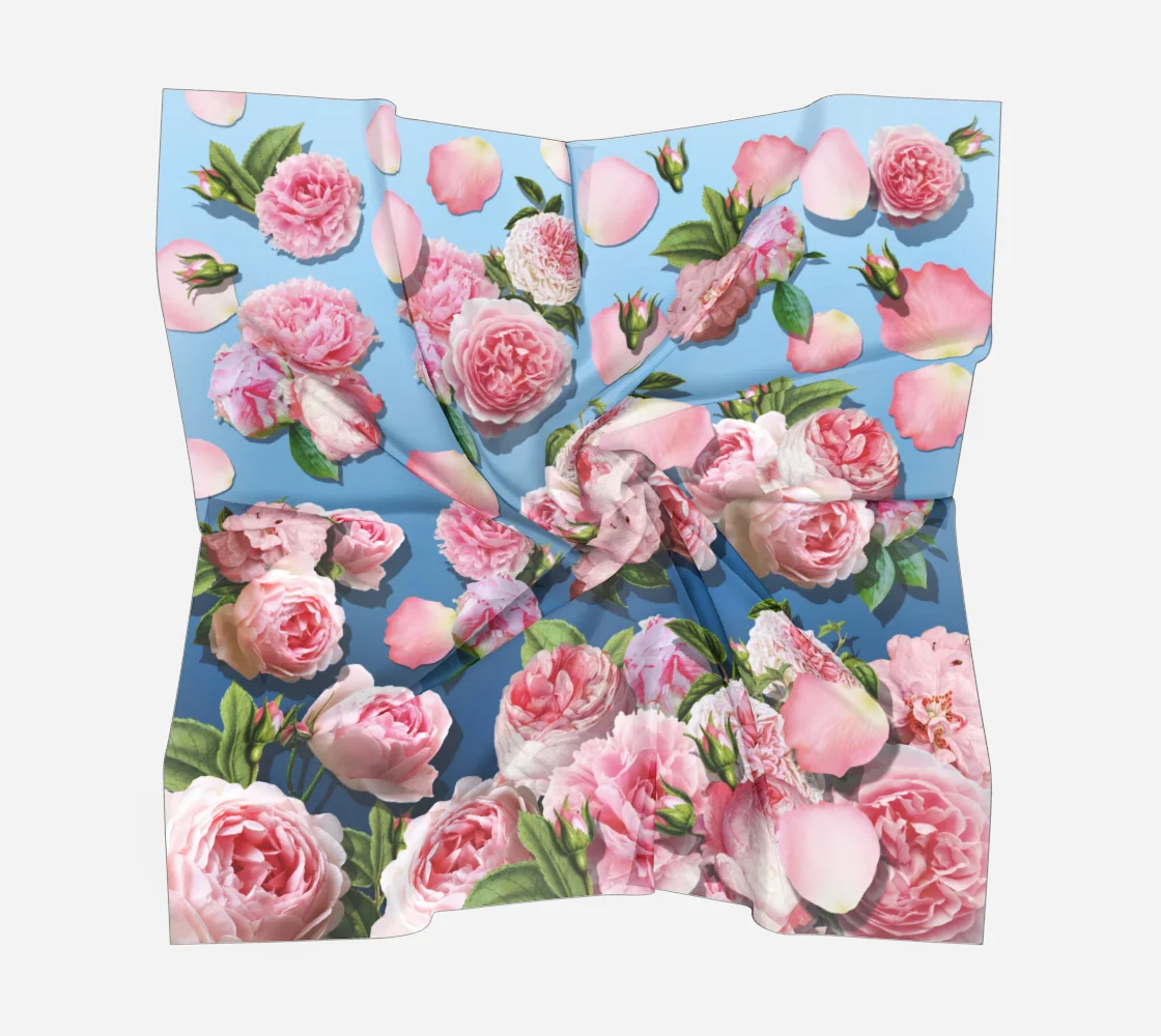 Peony Flower Blue Silk Square Scarf