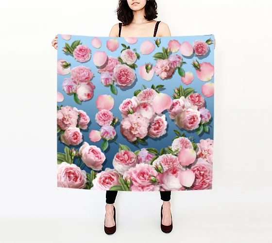 Peony Flower Blue Ombre Silky Square Scarf