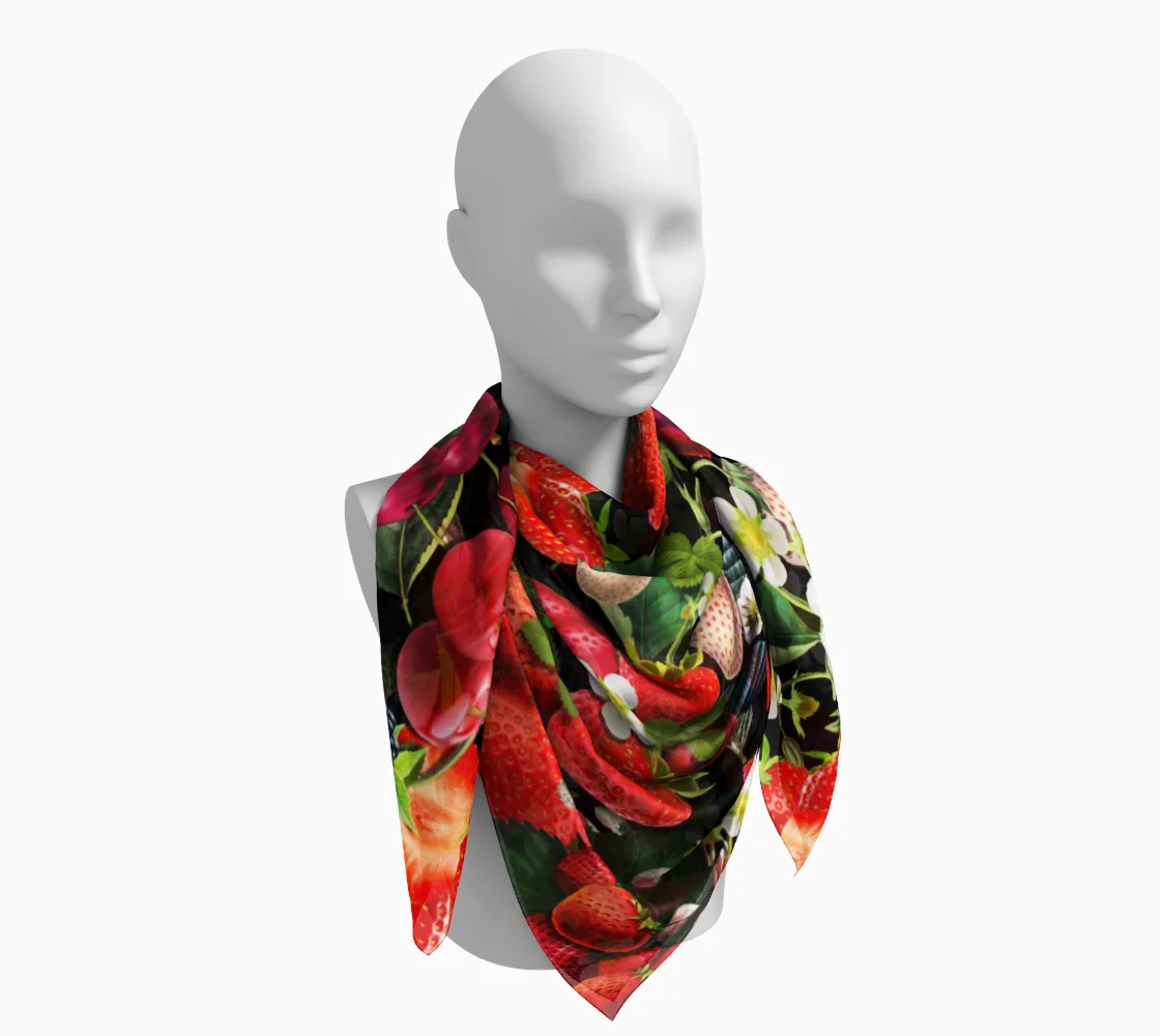Strawberry Botanical Drawing Silk Square Scarf