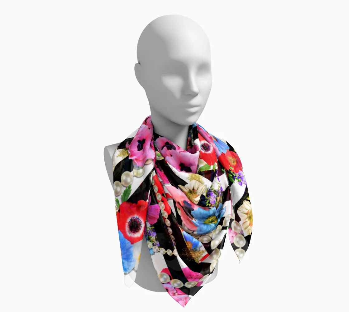 Black & White Striped Floral Silk Scarf