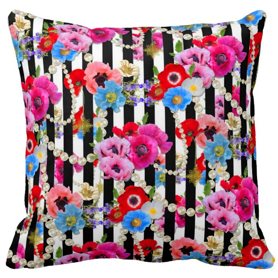 Black & White Striped Floral Throw Pillow Cover