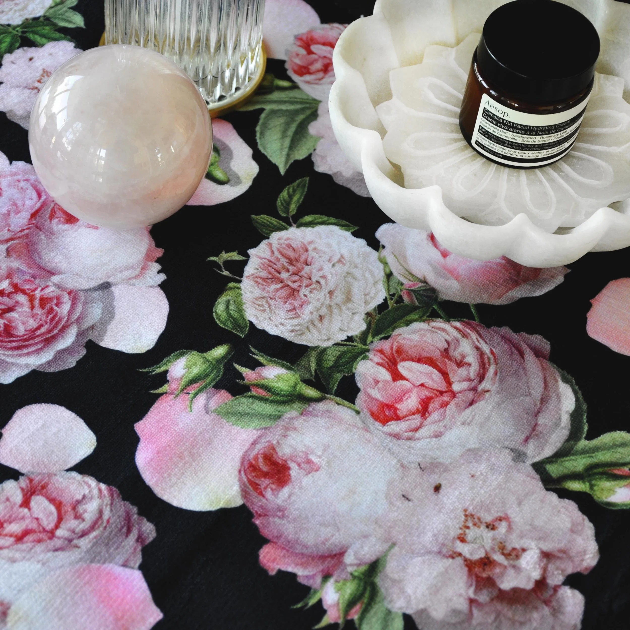 peony flowers on black background hand towel