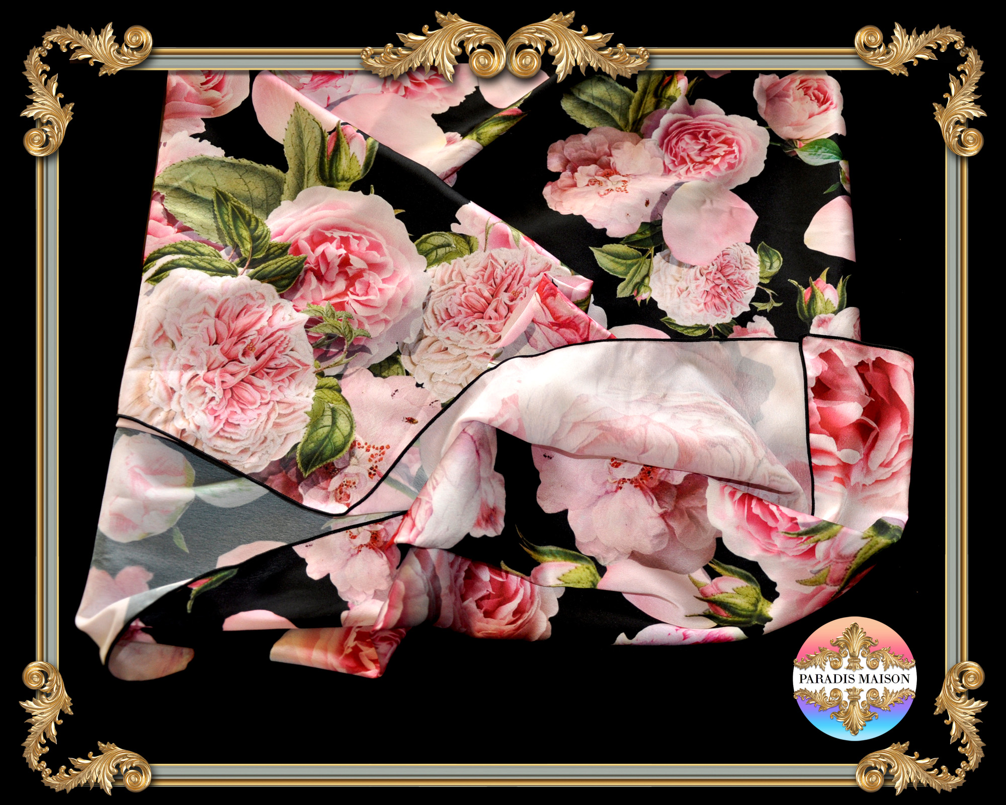 pink peony black silk scarf online