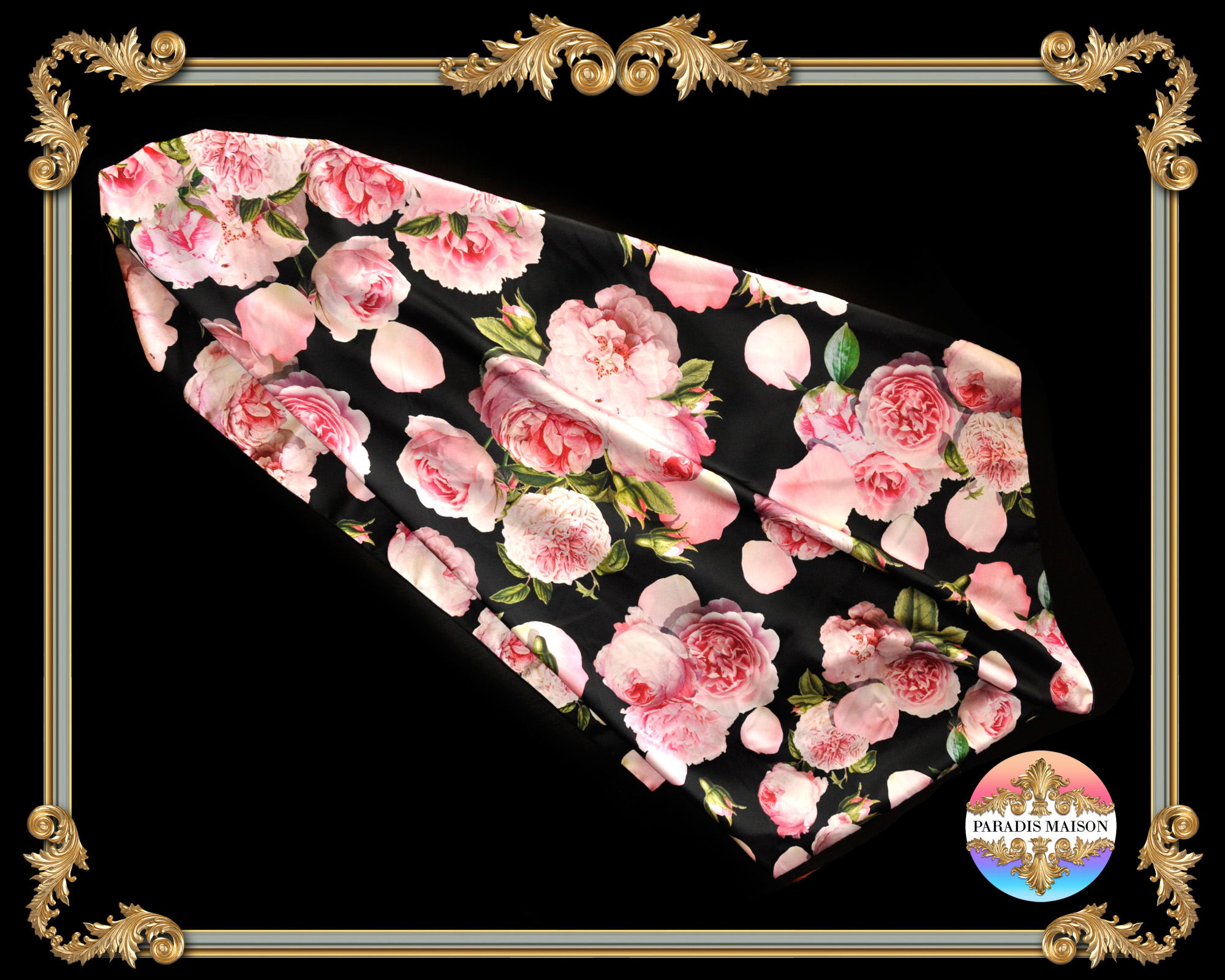 peony flower black silk square scarf PARADIS MAISON