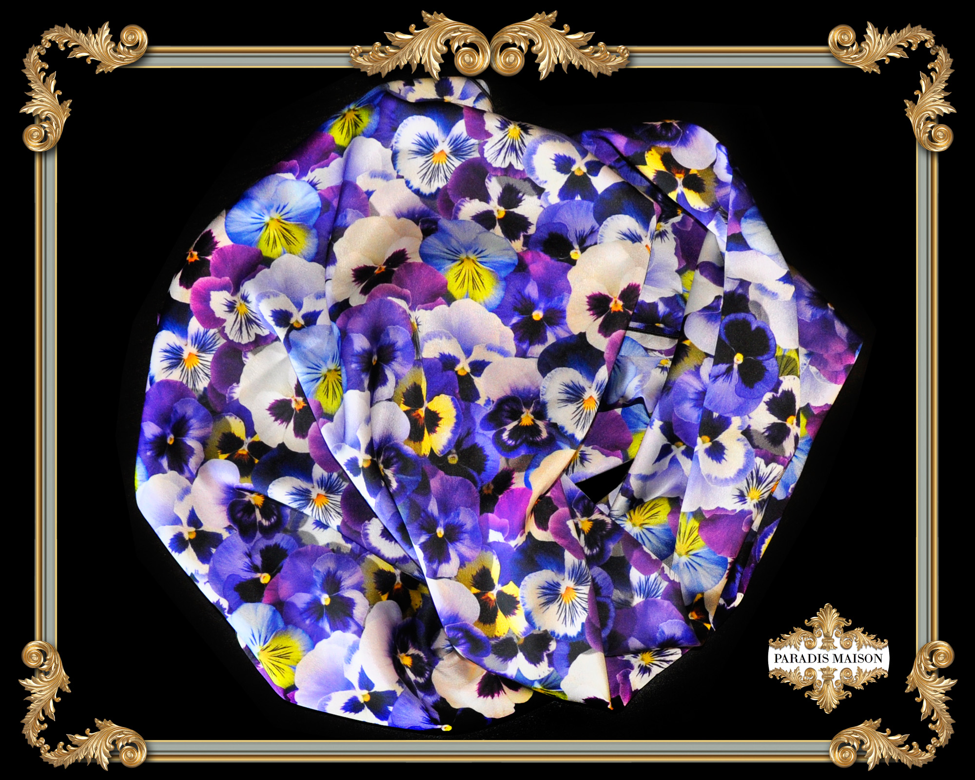 blue pansy flower square silk scarf PARADIS MAISON