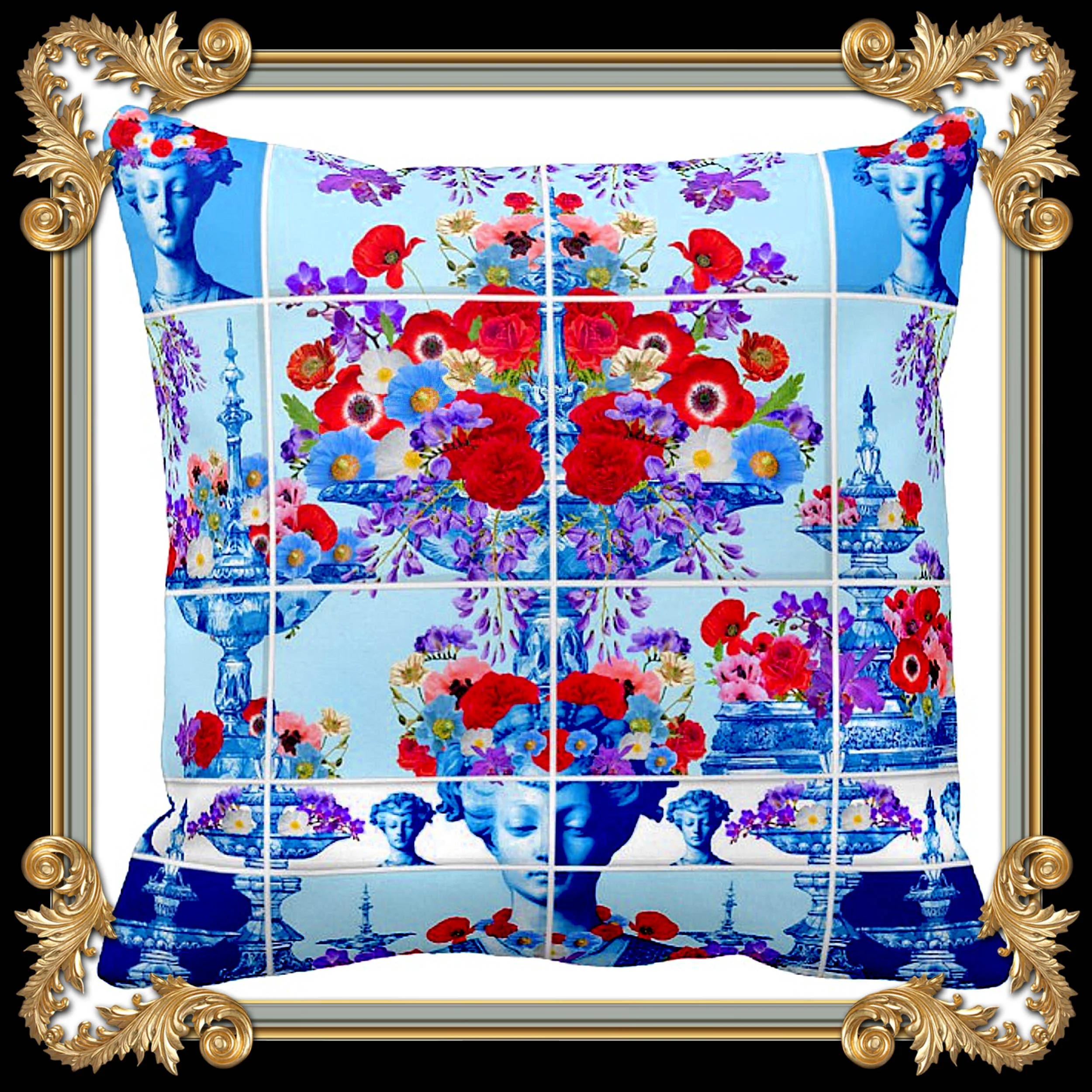 BLUE TILE VELVET THROW PILLOW
