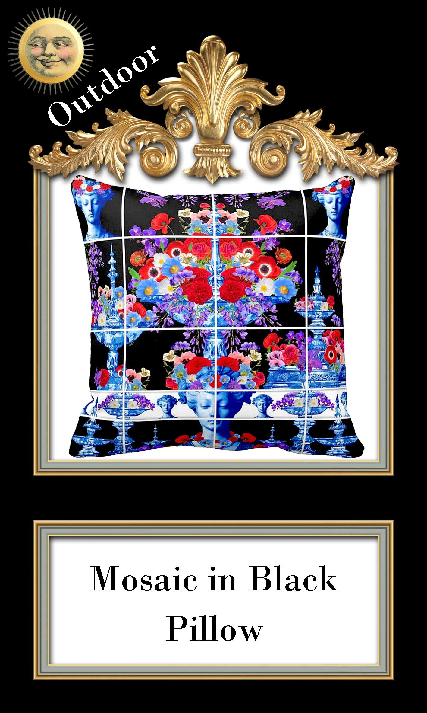 White & Blue Tile Motif Outdoor Throw Pillow Cover