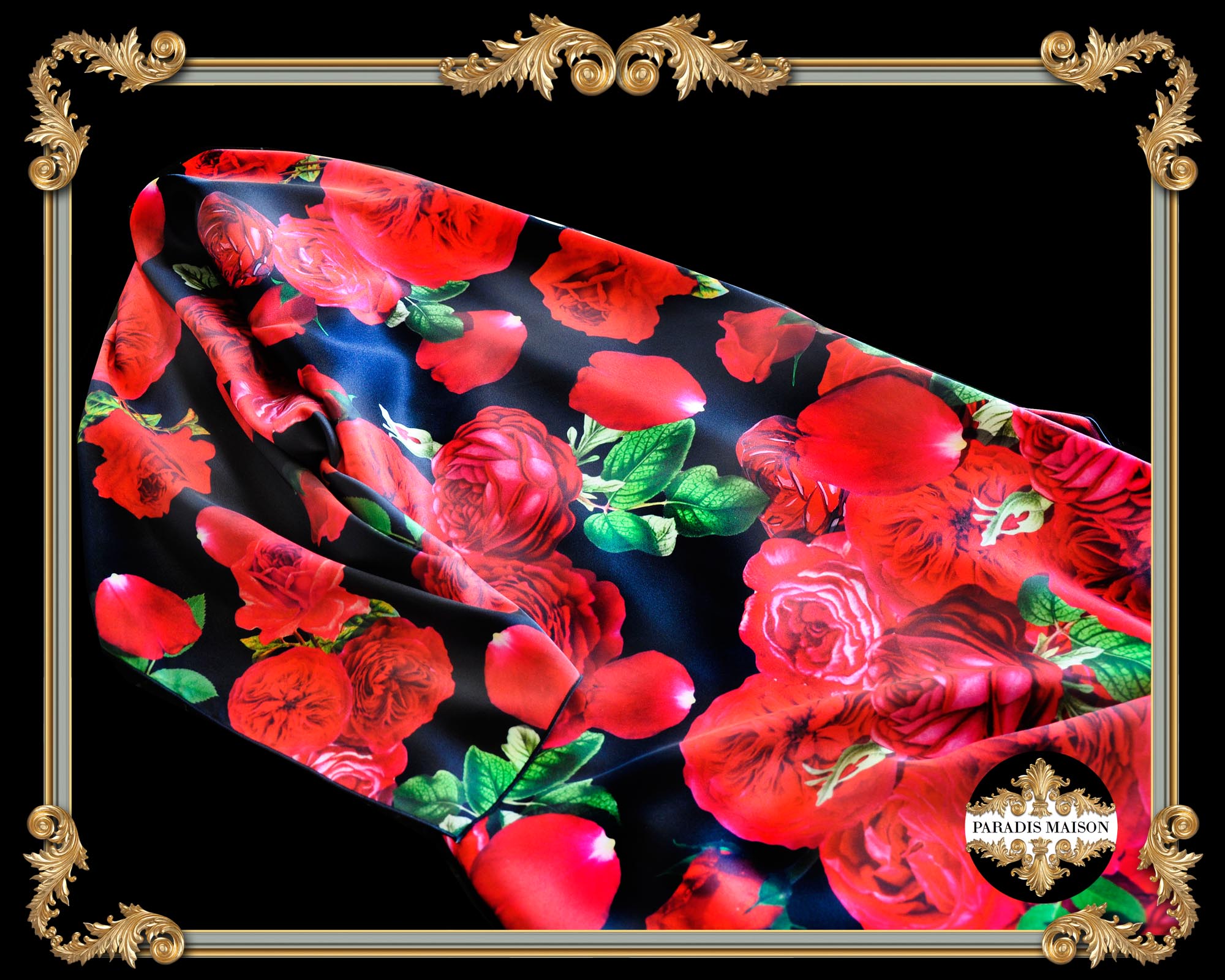 red roses black silk scarf