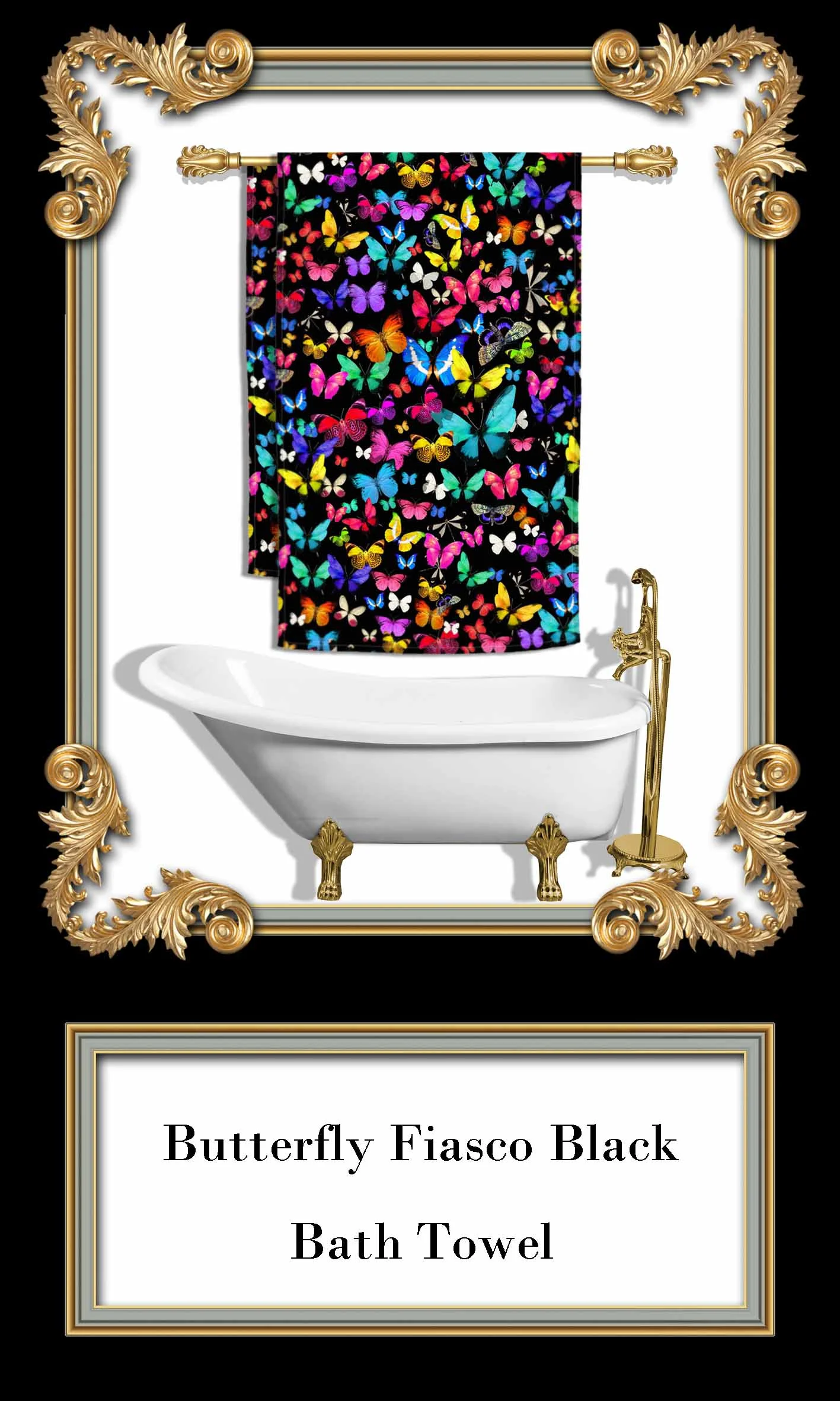 colorful butterflies black bath towel paradis maison