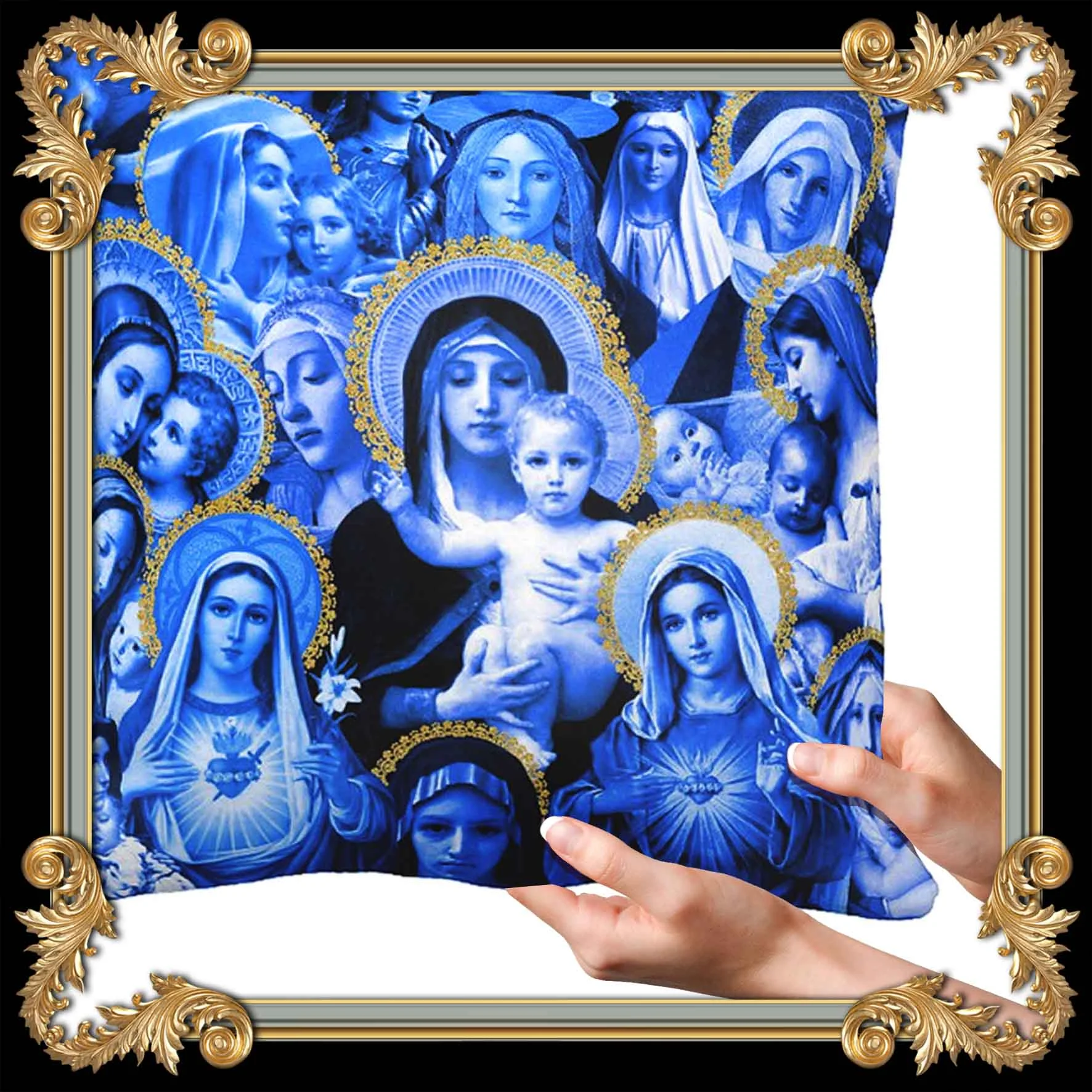 BLUE VIRGIN MARY THROW PILLOW