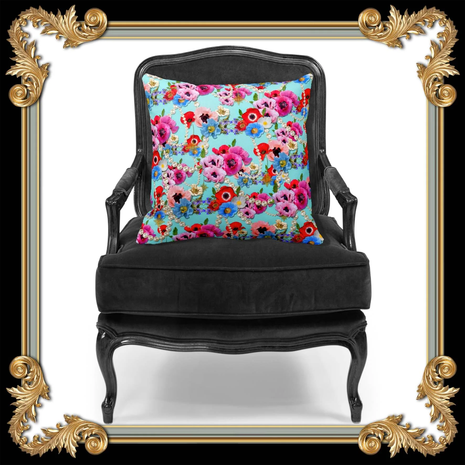 poppy flowers mint green velvet pillow