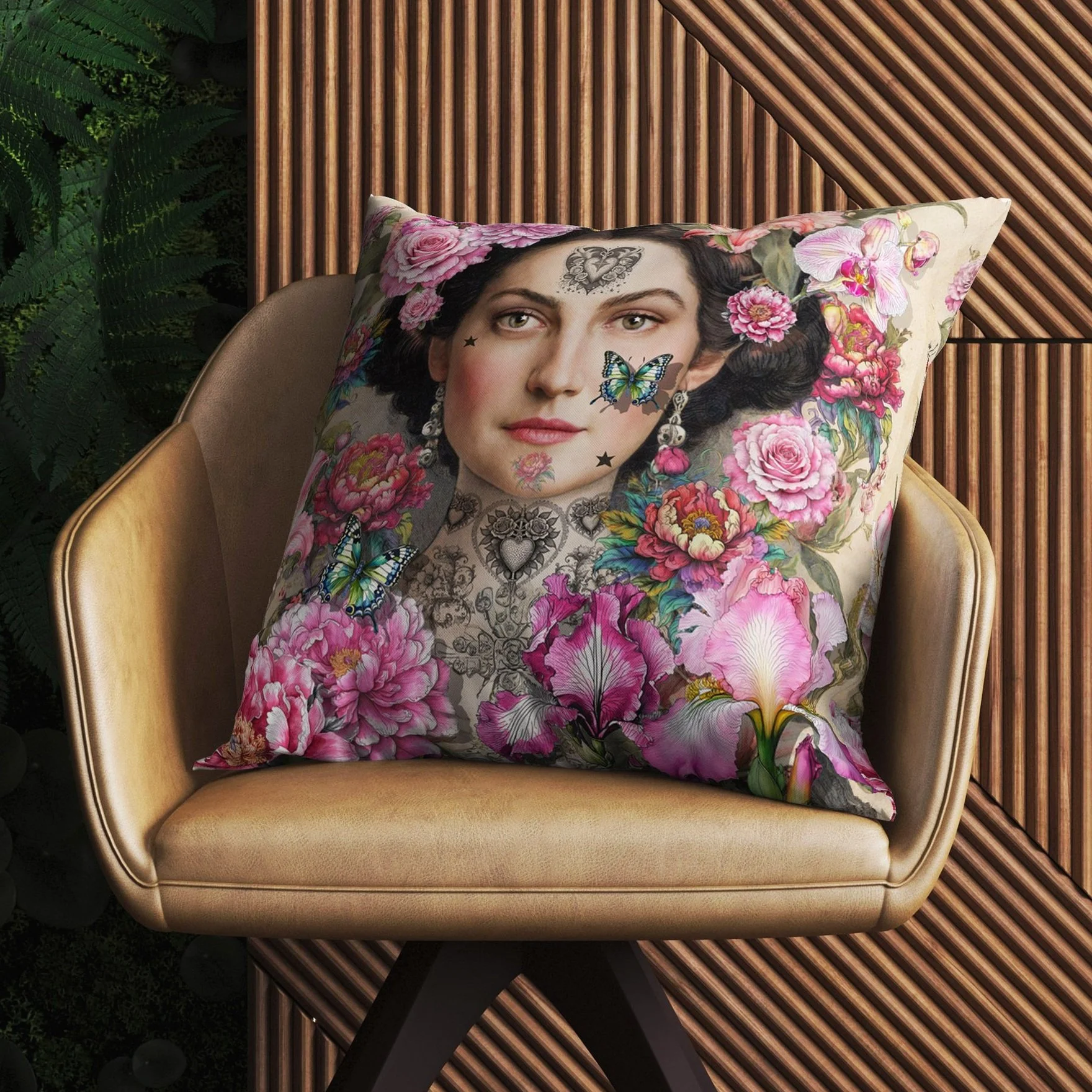victorian woman's face with tattoos pillow