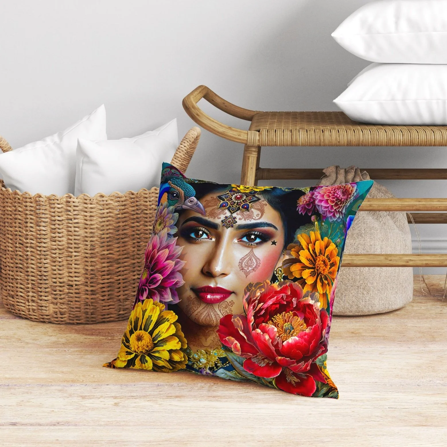 Featuring Beautiful Woman’s Face with Henna & Jewels, Peacocks & Marigold Flowers!