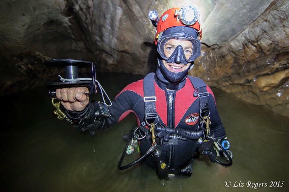 Aussie cave diver Andreas Klocker at Blue Ball Sump #1 (of three) in Red Ball Canyon at 650m of depth in the Sótano de San Agustín section of Sistema Huautla. On the other side of the sumps, 30m, 30m, and 5m in length, Andreas has led a climbing effort up vertical shafts with waterfalls, at times wearing a dive mask while climbing.