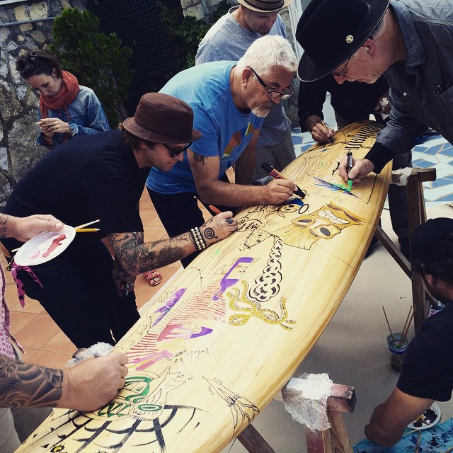 The MANA men go to work on adorning the balsa board in Sorrento.