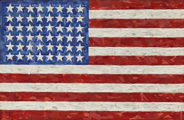 Jasper Johns, FLAG (1983). Encaustic on silk flag on canvas.