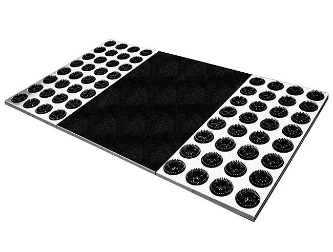 The Feet-Back II Radius doormat features a stainless steel base and plastic (replaceable) bristles. Made in Germany, you can get 'em right here