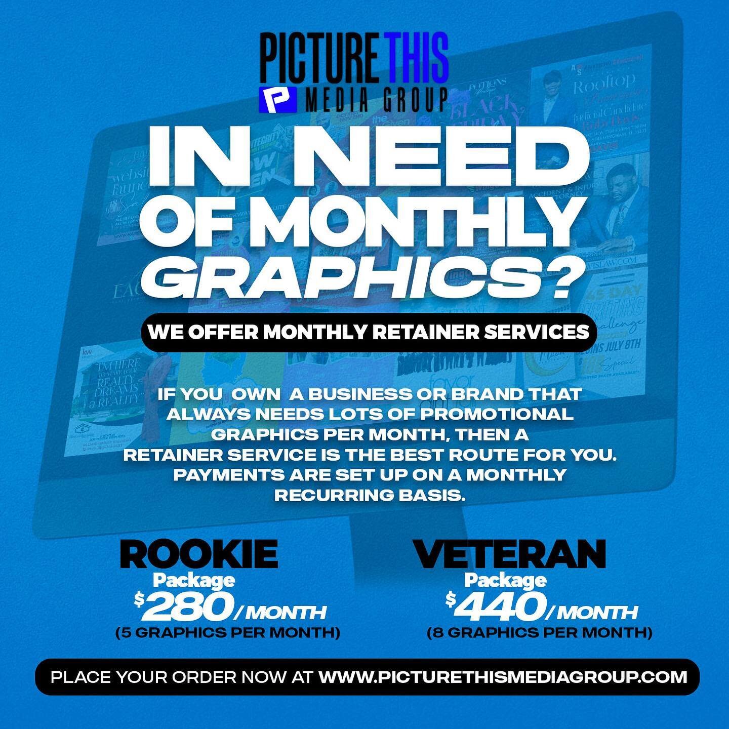 Do you own a business or brand that is constantly in need of promotional graphics? Don&rsquo;t worry, we got you! We are now offering monthly retainer services! Click link in bio or visit www.picturethismediagroup.com to choose your package!