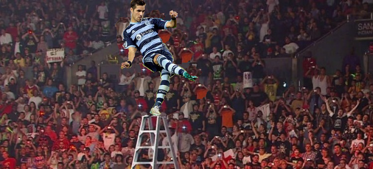 It's Feilhaber..... HE'S AT THE TOP.... WHATS HE GOING TO DO........ Oh..... MAH.... GOD.....