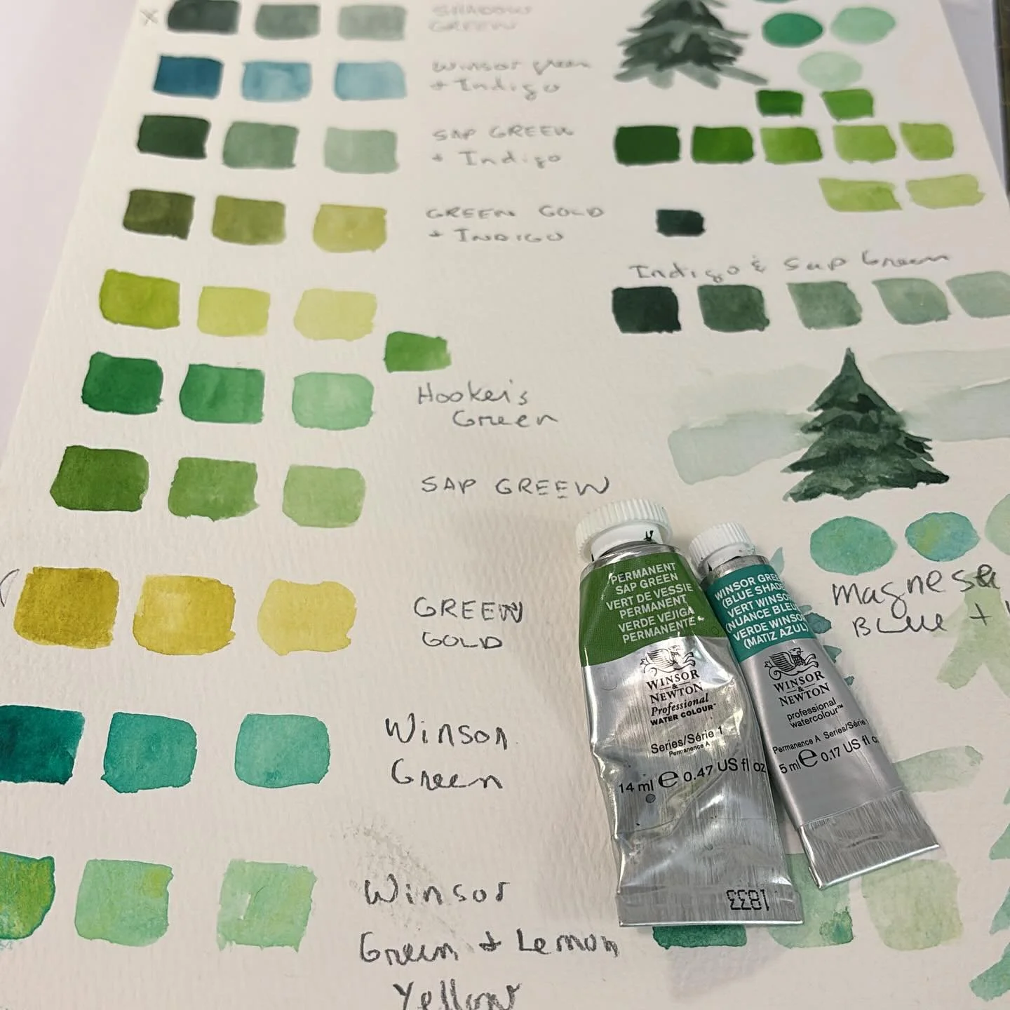 Looking for the perfect greens. What&rsquo;s your favorite green? #winsorandnewtonwatercolors #watercolours #swatches #sketchbookpaint