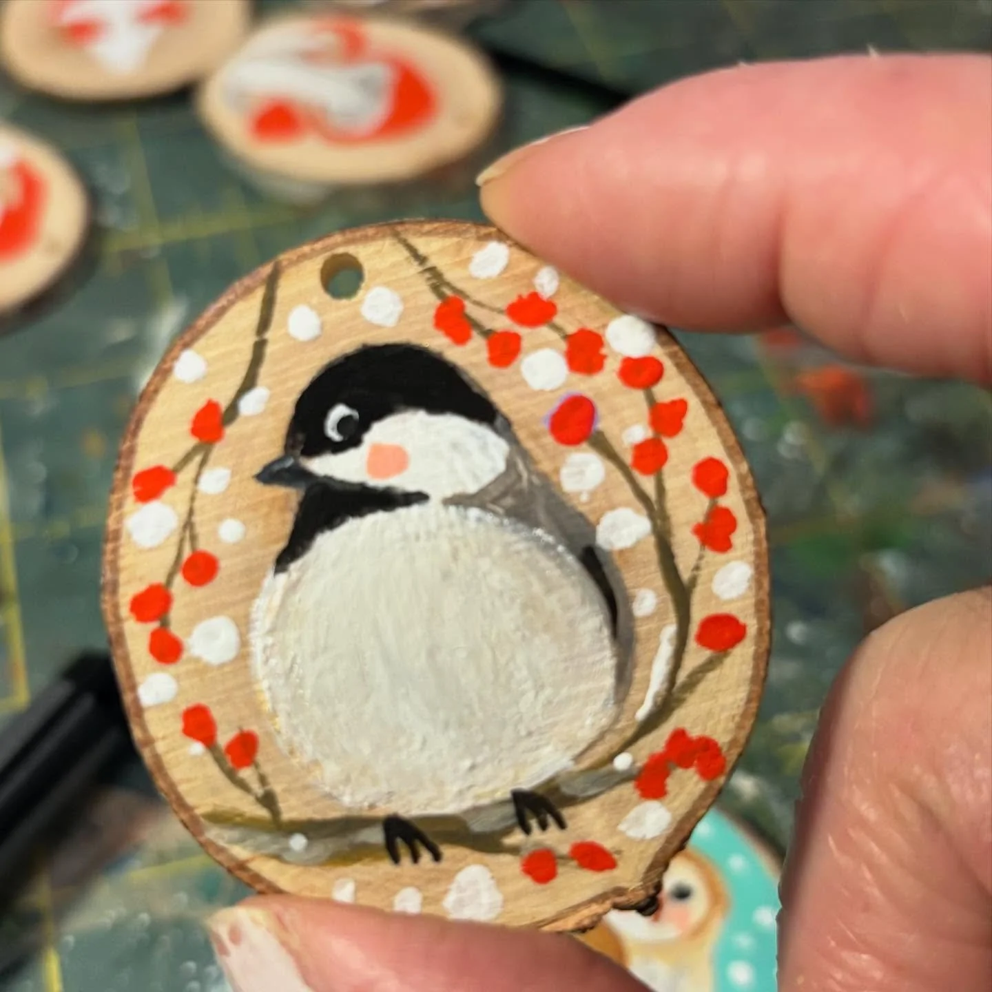 This week I&rsquo;ve been painting these coin sized wood slices that my brother-in-law made me. They are smaller than what I usually work with but much nicer than the ones I buy from Amazon. I may make a garland or use them for gift ornaments. They s