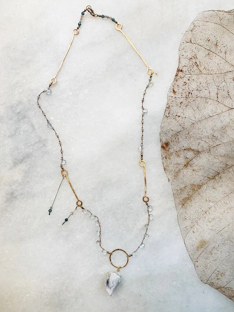 Sahara Druzy shell necklace with Aquamarine and Blue:green Tourmaline 20%22.jpeg