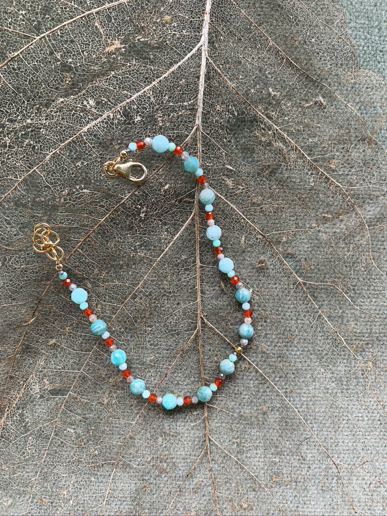 Carnelian, Chrysophrase & Moonstone with 18kt Gold bead bracelet .jpeg